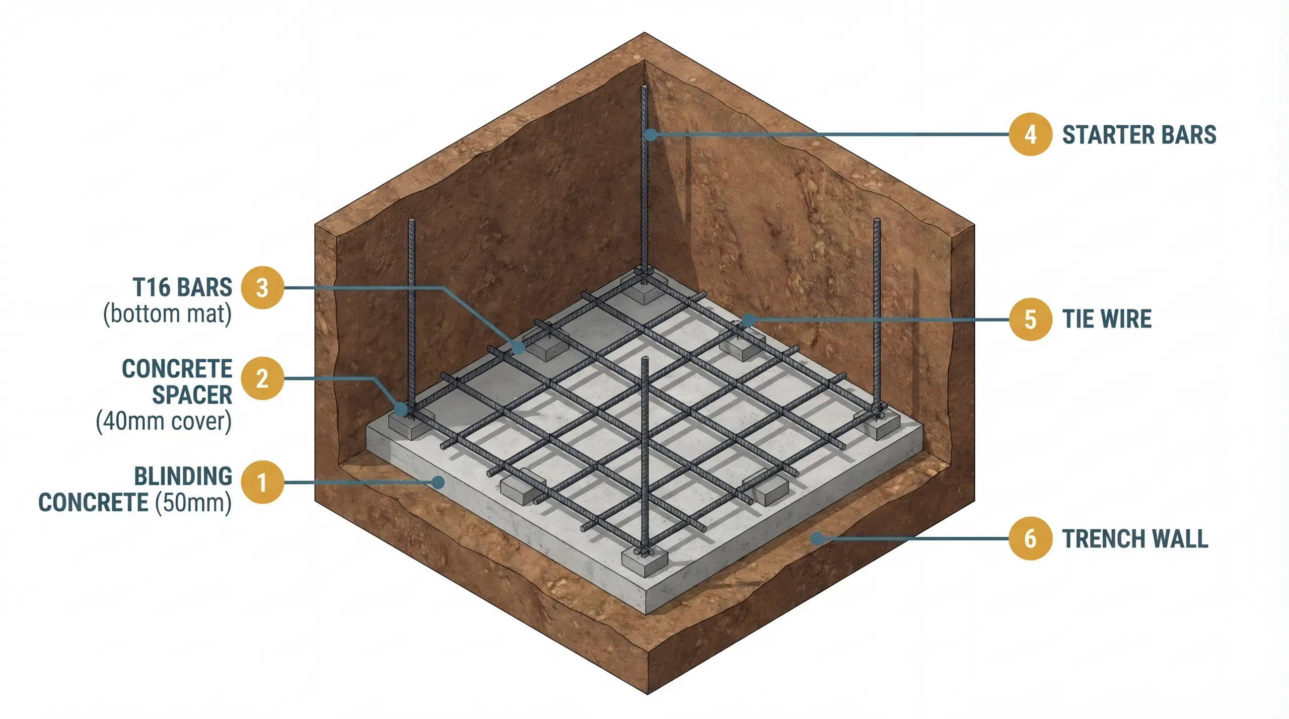 16mm ribbed steel reinforcement bars arranged in a pad foundation cage with concrete spacers, ready for building control inspection before the pour