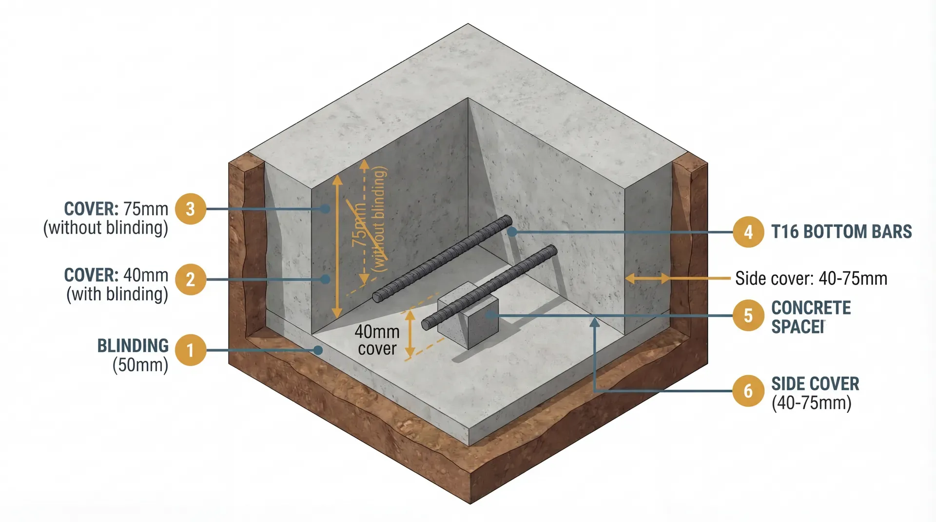 Isometric cross-section through a pad foundation showing T16 rebar bars resting on a concrete spacer above 50mm blinding concrete, with amber dimension annotations showing 40mm cover with blinding versus the 75mm cover required without blinding, and side cover to trench wall