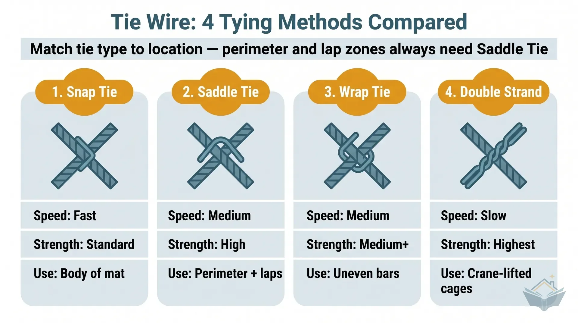 Four-panel comparison infographic of rebar tie wire binding methods used in UK domestic construction: snap tie, saddle tie, wrap tie, and double-strand tie, each illustrated at a rebar intersection with labels describing when each is used and its relative grip strength.