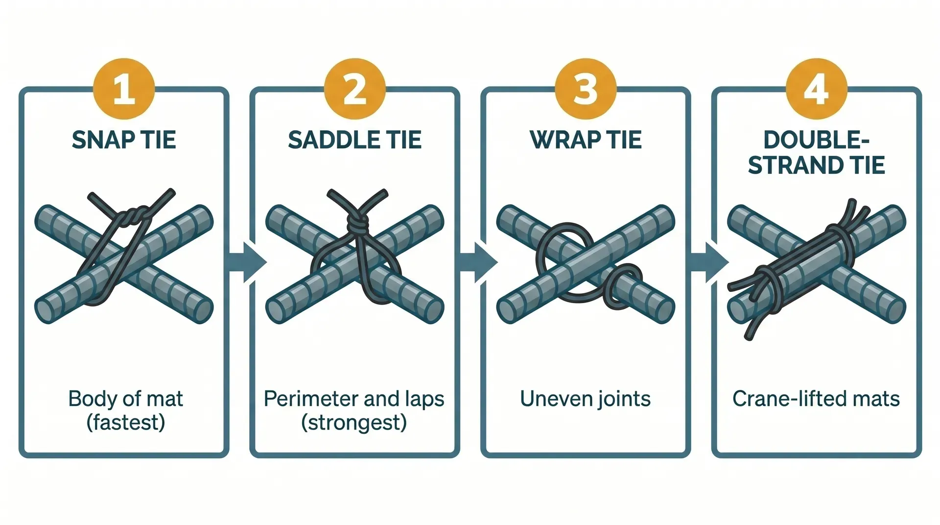 Four-panel infographic showing the four rebar tying methods at isometric rebar intersections: snap tie (wire folded diagonally, fastest for body of mat), saddle tie (wire wrapping over upper and under lower bar, strongest for perimeter and laps), wrap tie (1.5 turns for uneven joints), and double-strand tie (two parallel wires for crane-lifted mats).