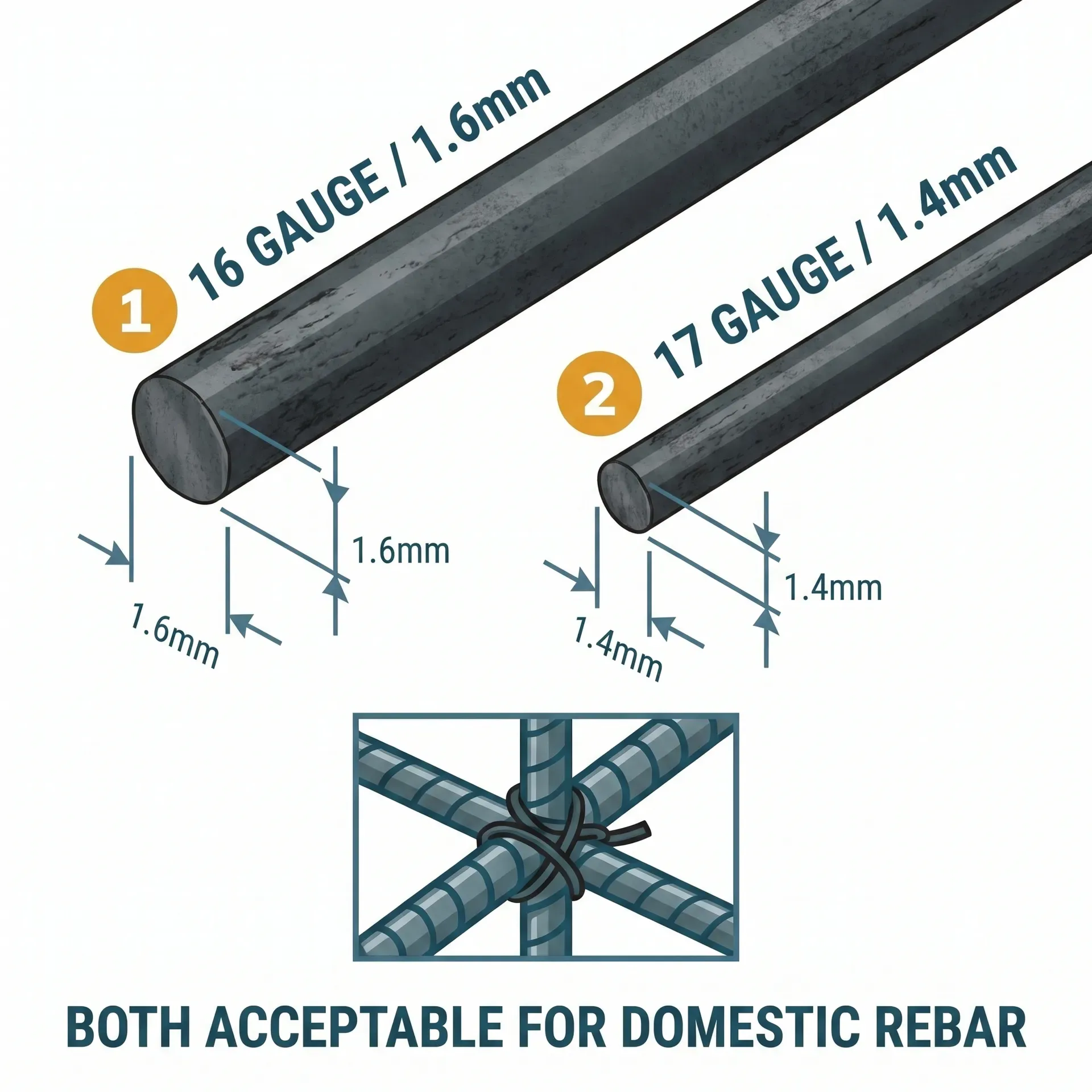 Close-up technical diagram showing two black annealed tie wire gauges side by side: 16 gauge at 1.6mm diameter on the left and 17 gauge at 1.4mm diameter on the right, each with teal caliper brackets indicating the diameter measurement. A small inset shows both wires twisted around a rebar intersection.