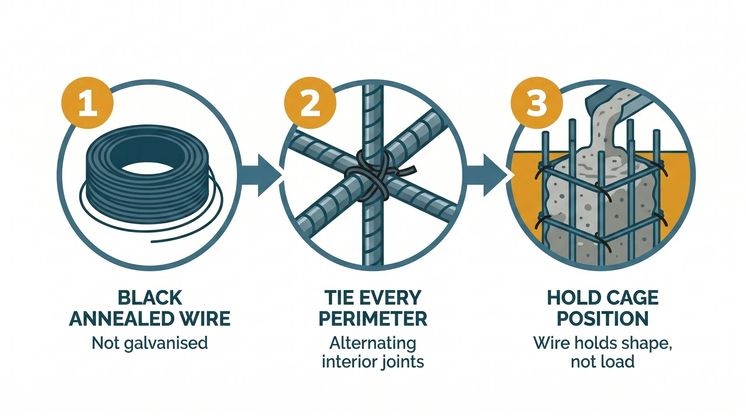 A coil of black annealed tie wire on the edge of a foundation trench, with twisted wire ties securing 12mm rebar intersections in the background