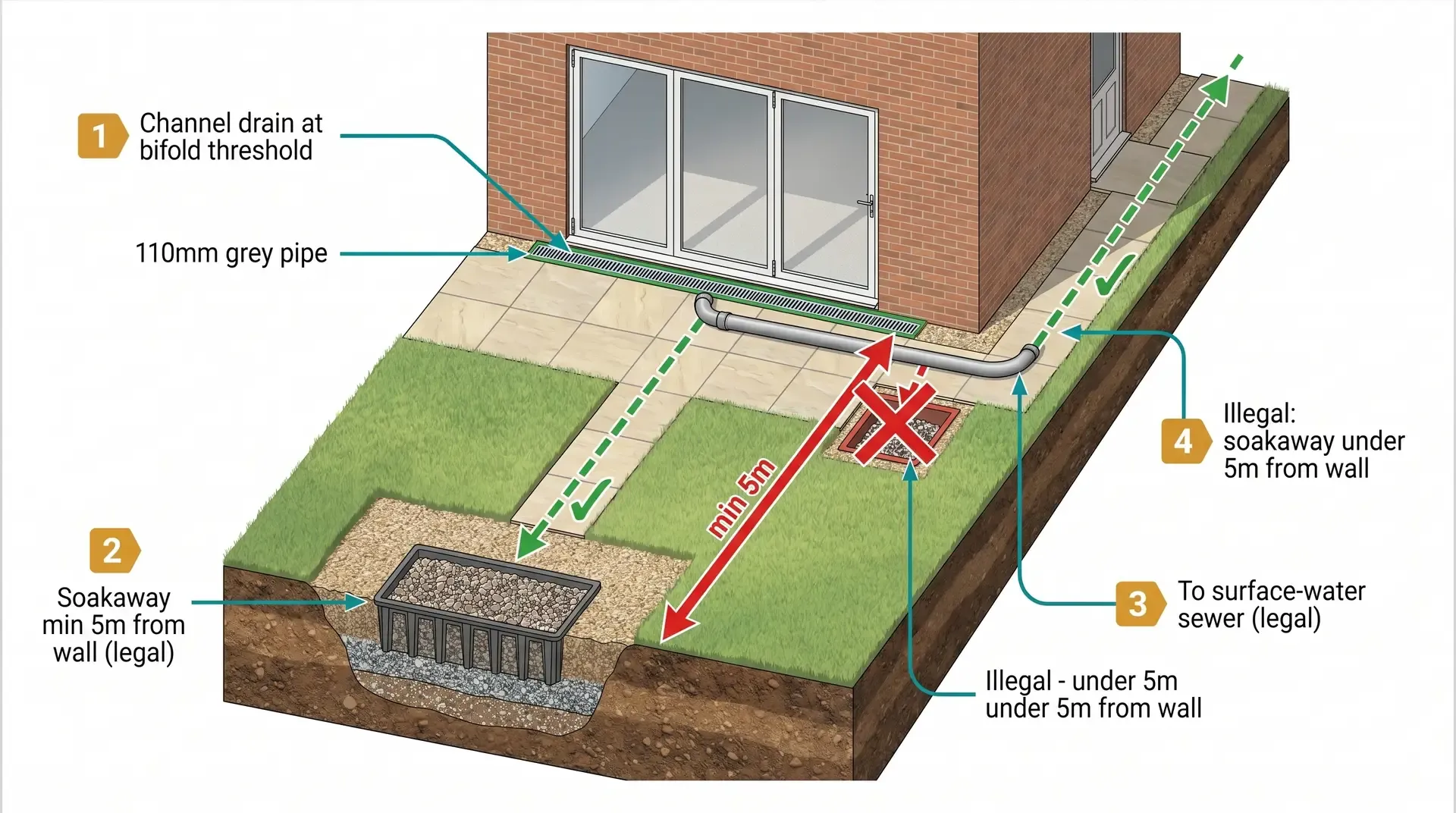 Plan-view garden layout diagram showing legal and illegal outlet routing options for a channel drain at a flush bifold threshold. Green routes indicate a soakaway at least 5m from the house wall and a connection to the surface-water sewer; a red cross marks an illegal soakaway placed under 5m from the extension wall.