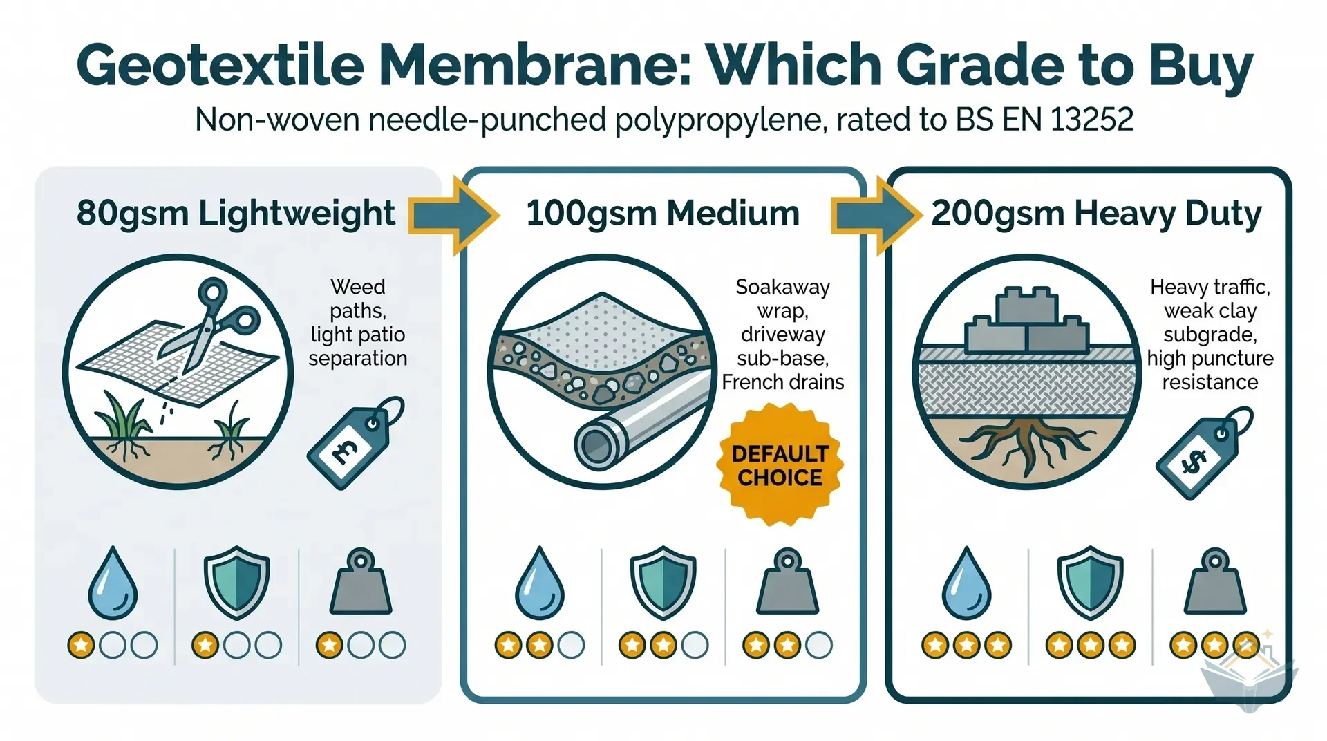 Three-panel infographic comparing geotextile membrane grades: 80gsm lightweight for light patio separation, 100gsm medium as the default choice for soakaway wrap and driveway sub-base, and 200gsm heavy duty for high-traffic and weak clay subgrade applications, each with permeability, puncture resistance, and load bearing ratings.