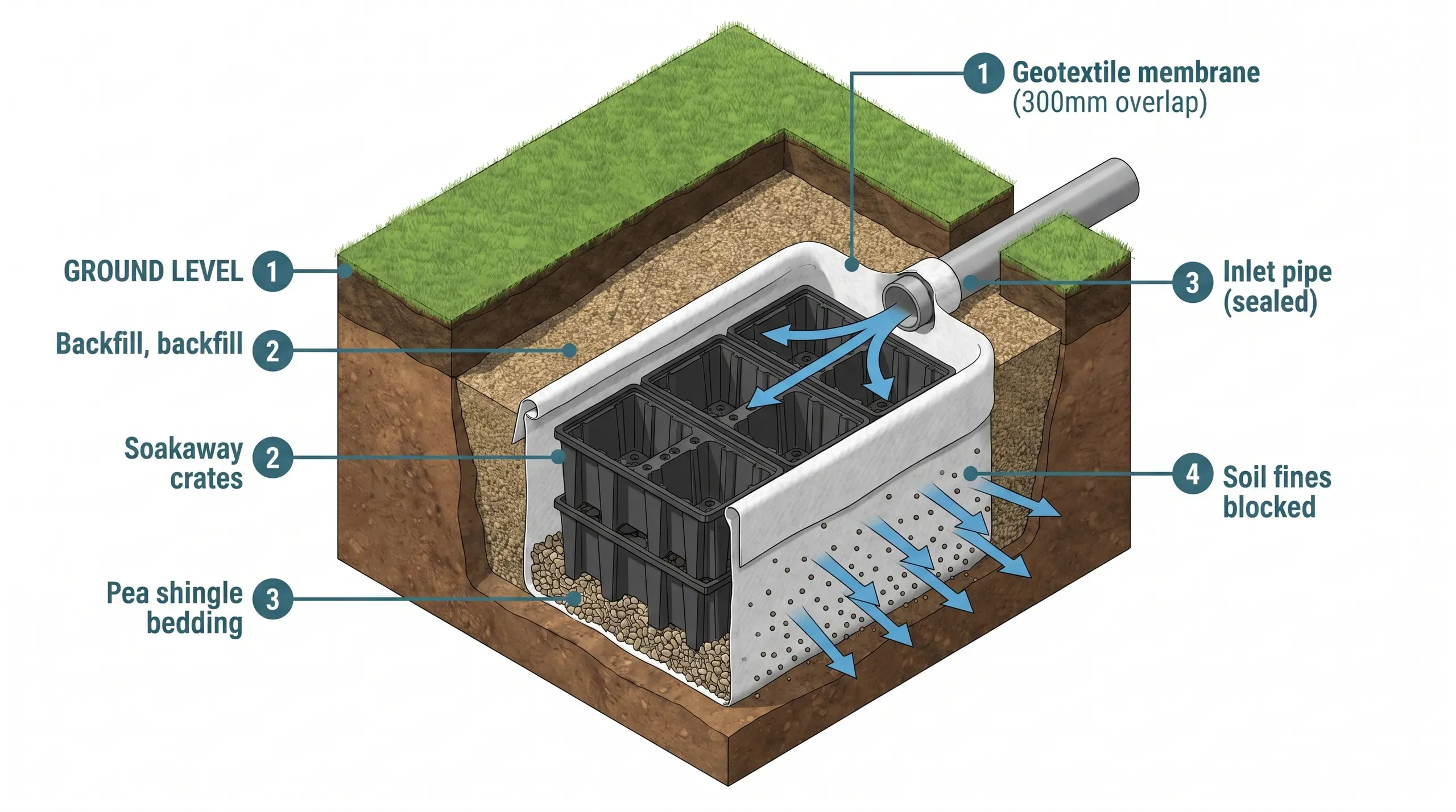 Cutaway technical illustration of a geotextile-wrapped soakaway crate buried in clean pea shingle, showing the white non-woven fabric forming a continuous filter envelope around the modular plastic crate, with brown soil and tree roots held back by the membrane while water arrows pass through it into the surrounding ground