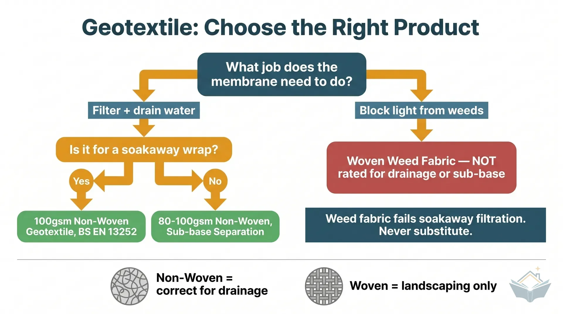 Decision tree flowchart for selecting the correct geotextile membrane type, branching from the question of application type (soakaway wrap, driveway sub-base, French drain, or weed suppression) through questions about subgrade strength and load requirements to reach the recommended product grade in gsm.