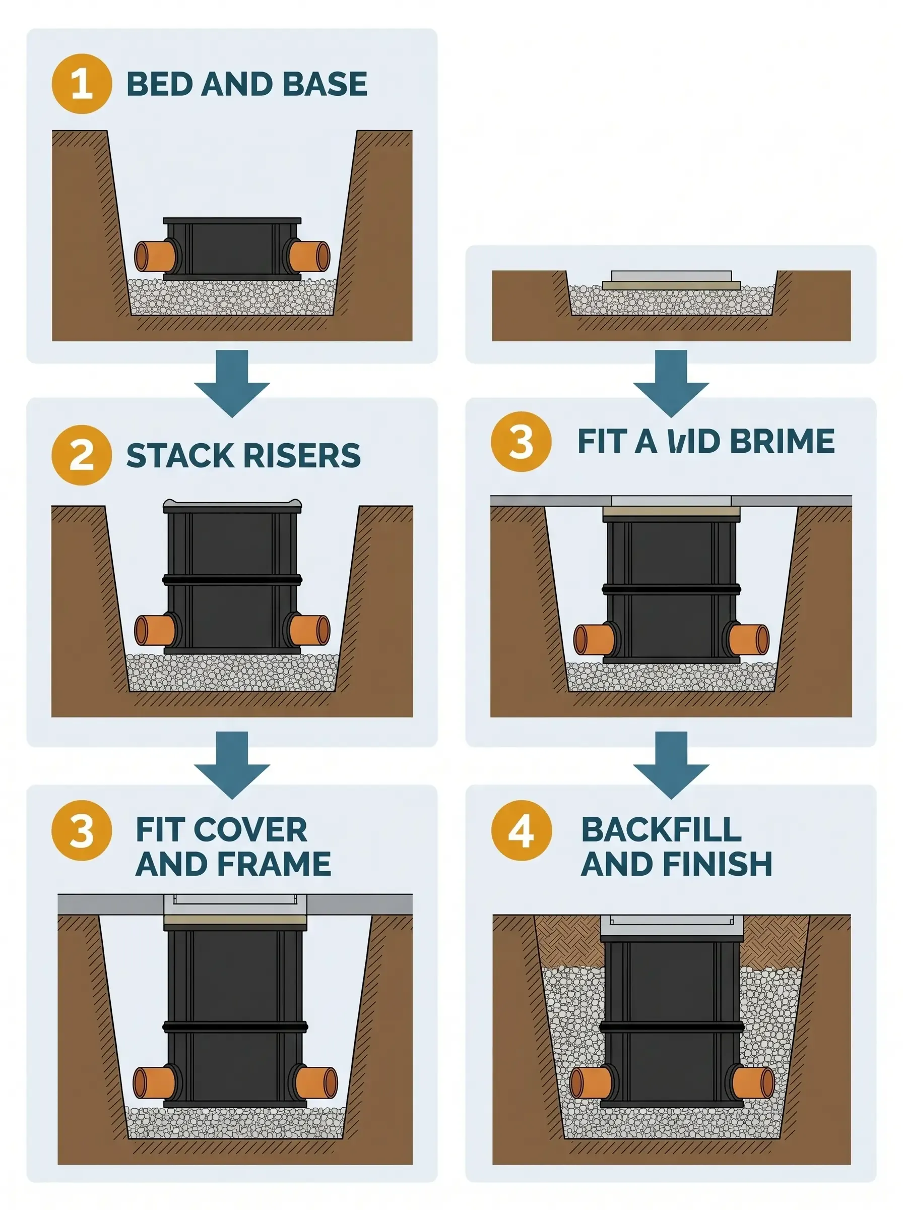 Four-panel vertical infographic showing the installation sequence for a plastic inspection chamber: panel 1 shows the chamber base on a 100mm pea gravel bed with 110mm pipes connected; panel 2 shows two riser sections stacked with rubber seals and mastic sealant; panel 3 shows the cover frame seated on a mortar bed flush with ground level; panel 4 shows the completed installation with pea gravel surround and cover lid in place.
