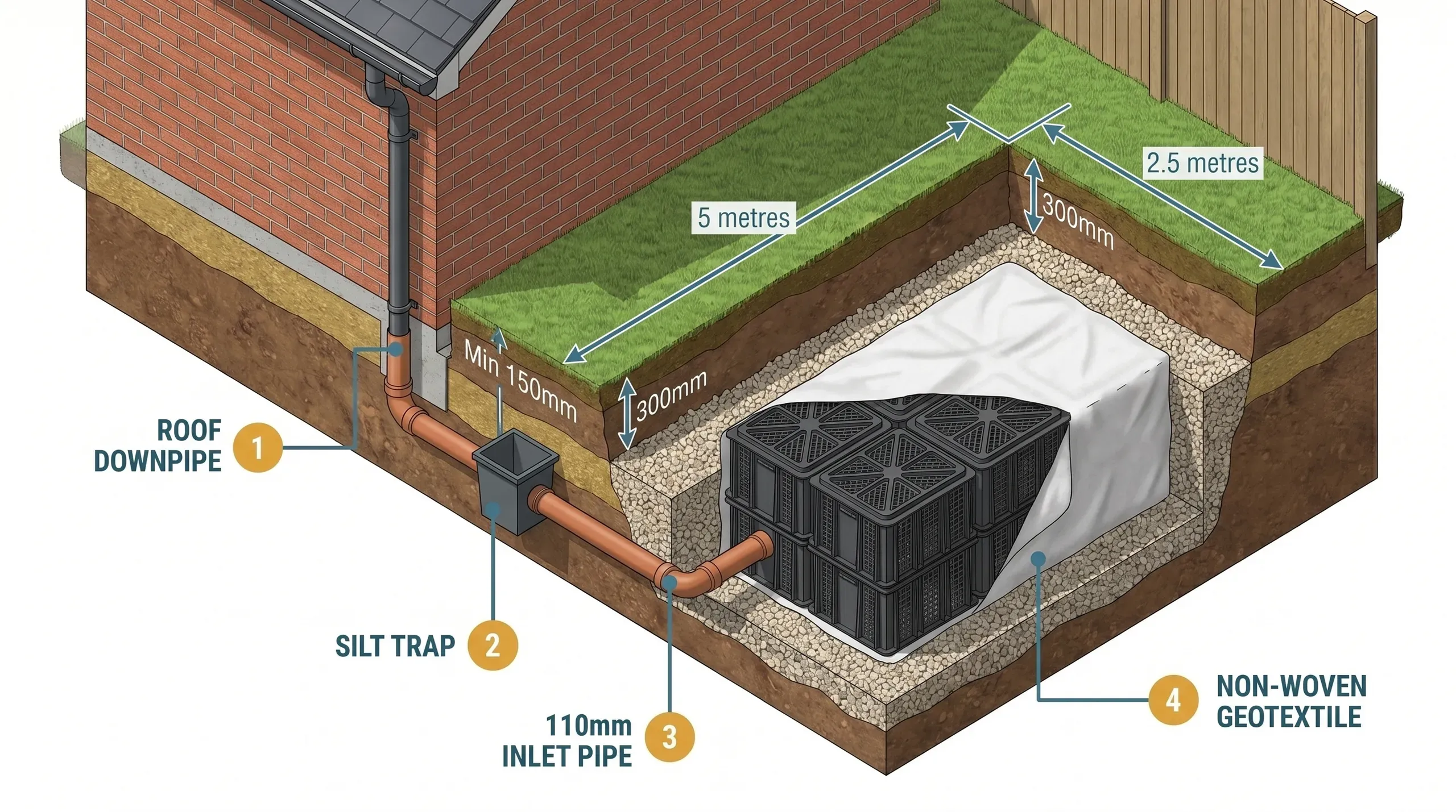 Cutaway technical diagram of an installed soakaway crate system showing stacked plastic crates wrapped in non-woven geotextile membrane, surrounded by pea gravel, with a 110mm inlet pipe entering through a silt trap, 300mm topsoil cover, and dimension annotations showing 5m offset from the building foundation