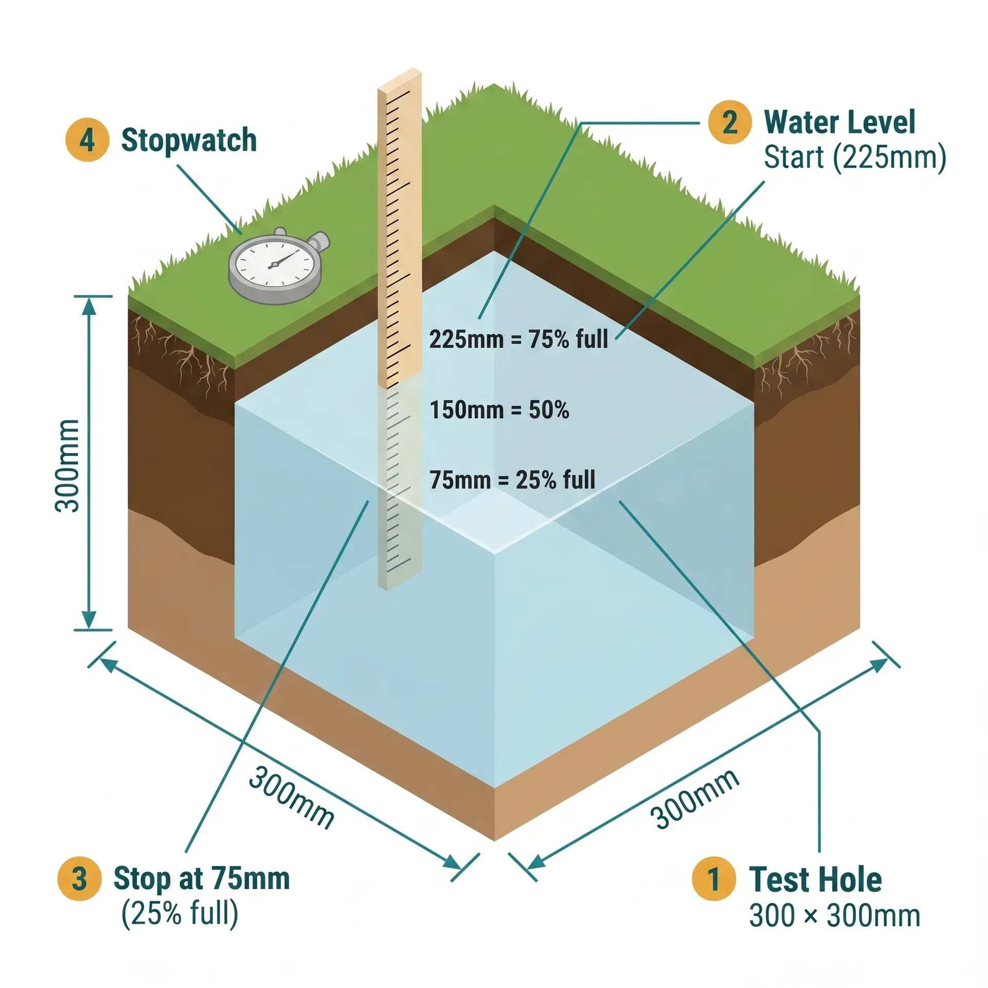 Isometric cross-section diagram of a BRE Digest 365 percolation test hole, 300mm square and 300mm deep, partially filled with pale blue water. A graduated ruler stands in the hole showing the 225mm start mark and 75mm stop mark. A stopwatch sits beside the pit on the grass surface, with soil profile layers visible in the trench wall.