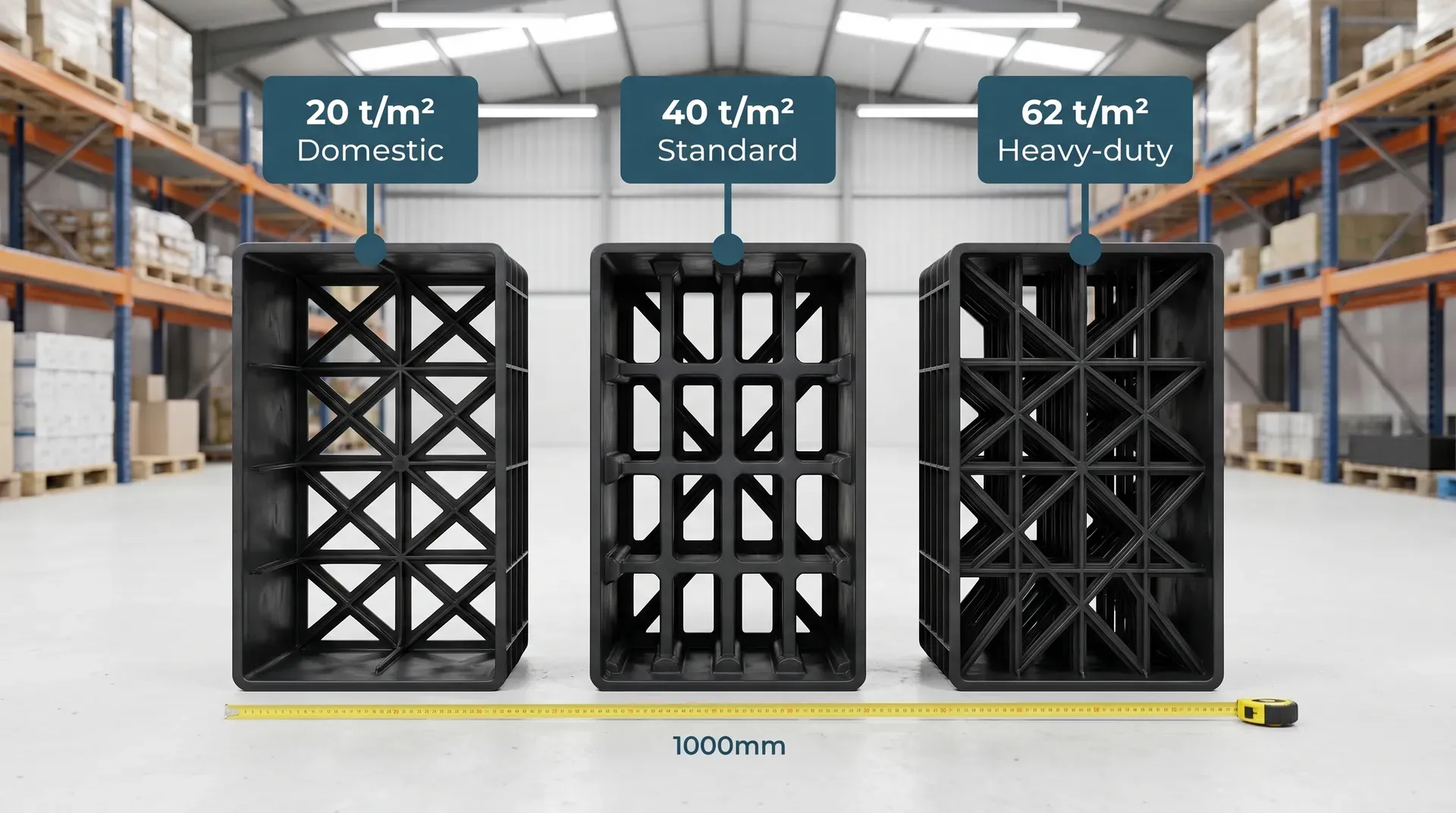 Three soakaway drainage crates positioned side by side on a concrete warehouse floor, from left to right showing increasing load-rating and internal reinforcement density. A measuring tape shows the 1000mm crate footprint. Overhead fluorescent lighting and soft-focus pallet racking in the background.