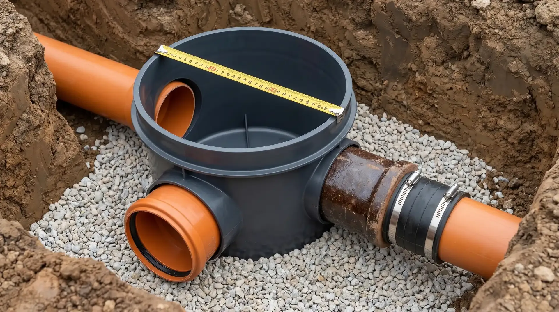 An inspection chamber base sitting on pea gravel bedding in a trench, with an orange 110mm drainage pipe entering one inlet socket mid-assembly, and a clay-to-plastic rubber boot adaptor visible on a second inlet bridging from a brown salt-glazed clay pipe stub to the orange uPVC, with a tape measure across the chamber for scale.