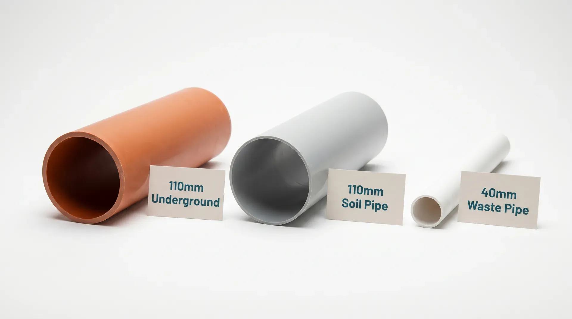 Three lengths of plastic pipe laid side by side on a workbench showing cut ends: terracotta orange 110mm underground drainage pipe on the left with slightly thicker walls, grey 110mm above-ground soil pipe in the centre with thinner walls, and a much smaller white 40mm waste pipe on the right, each labelled by type.