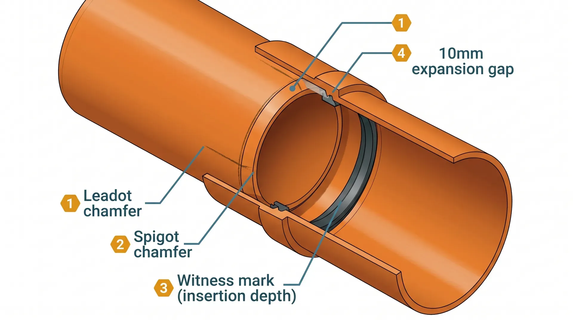 Cutaway cross-section of a 110mm push-fit ring-seal drainage joint showing the rubber ring seal compressed in its groove around the spigot, the chamfered leading edge of the pipe, the pencil witness mark at insertion depth, and the 10mm expansion gap between the witness mark and socket lip.