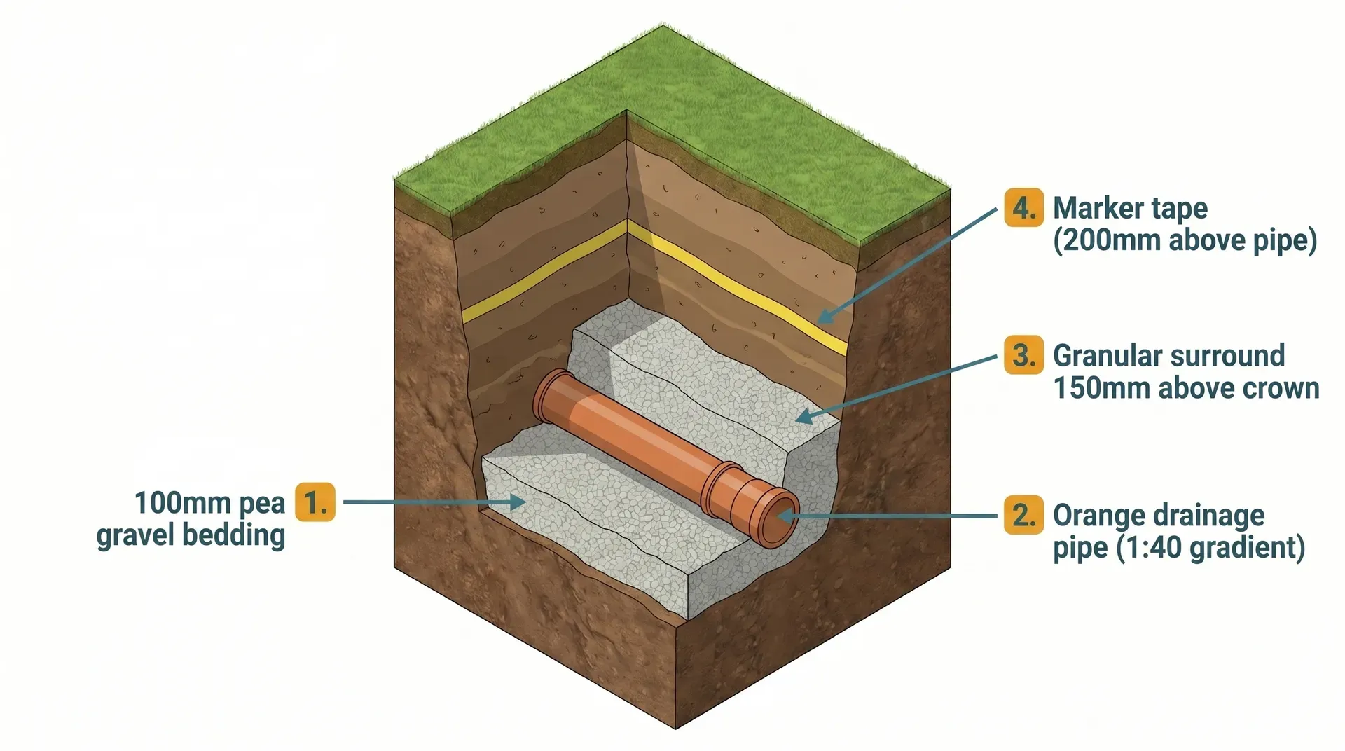 Cutaway cross-section of a drainage pipe trench showing the layer sequence from bottom to top: undisturbed trench formation, 100mm pea gravel bedding levelled to gradient, the orange 110mm pipe sitting on the bed sloping at 1:40, granular surround continuing to 150mm above the pipe crown, compacted soil backfill layers, and yellow marker tape buried 200mm above the pipe.