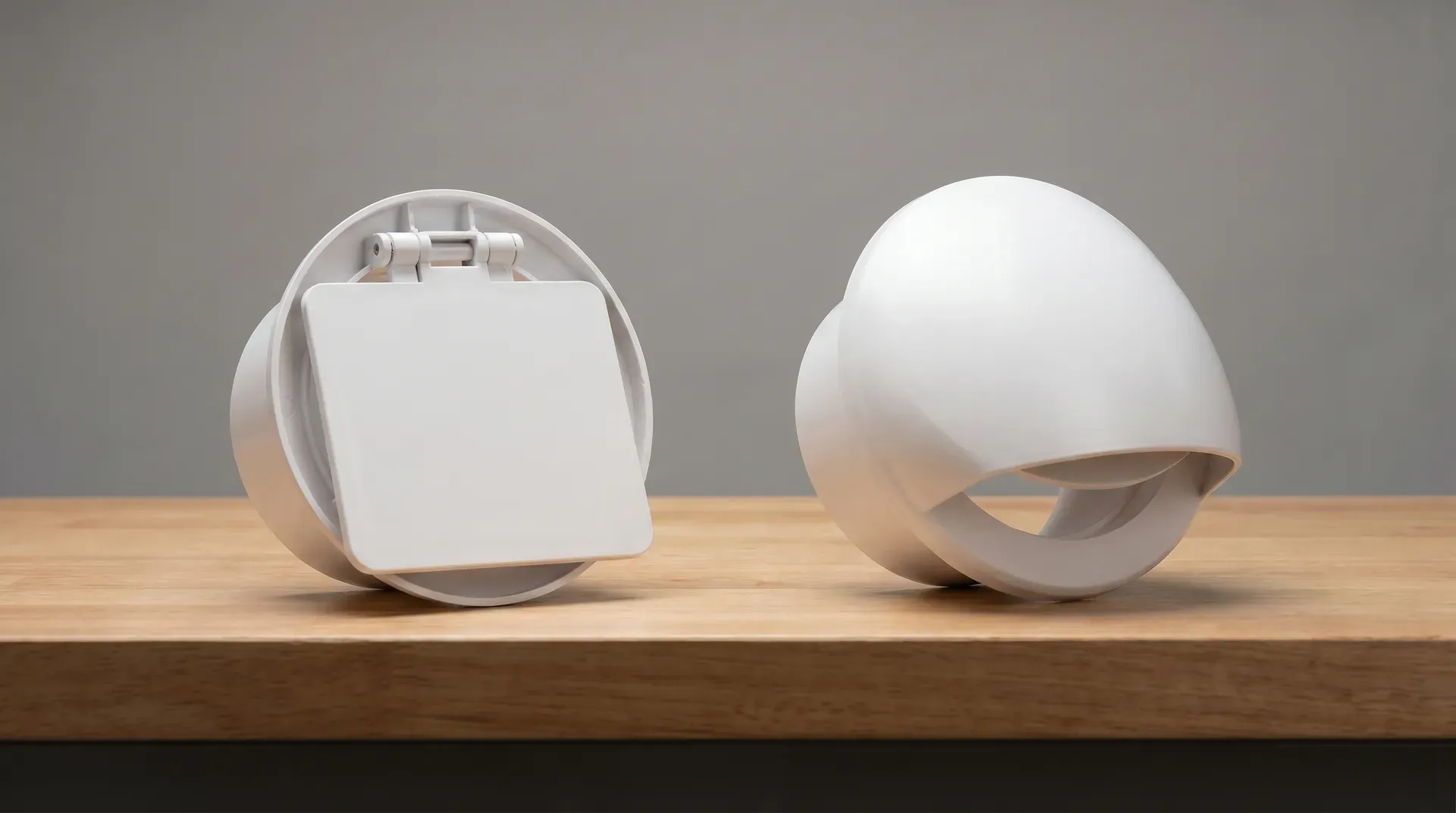 A single-flap gravity duct cowl shown in two states: on the left the hood is removed to reveal the white plastic hinged flap in the closed position with the pivot hinge visible at the top; on the right the cowl is fully assembled showing the rounded exterior hood.