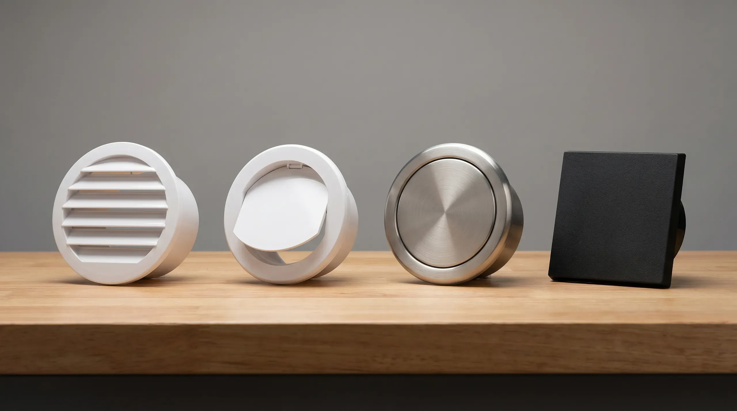 Four duct cowl types compared side by side: louvred plastic cowl, gravity flap cowl, inline non-return valve with plain grille, and a low-profile render-finish termination