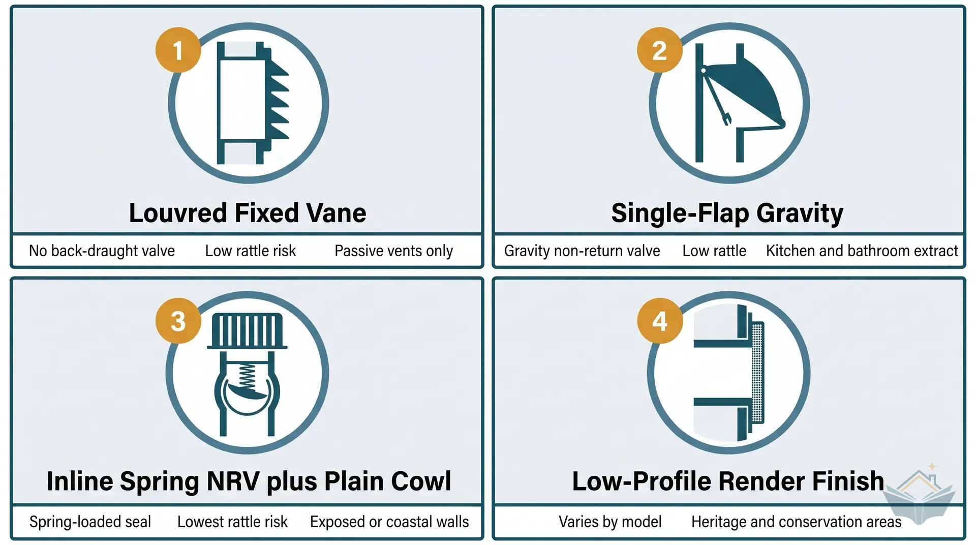 Four-panel grid infographic showing the main external duct cowl types: louvred fixed-vane cowl with no back-draught valve, single-flap gravity cowl as the standard residential choice, inline spring-loaded non-return valve with plain grille for exposed or coastal walls, and low-profile render-finish cowl for conservation areas and rendered elevations.