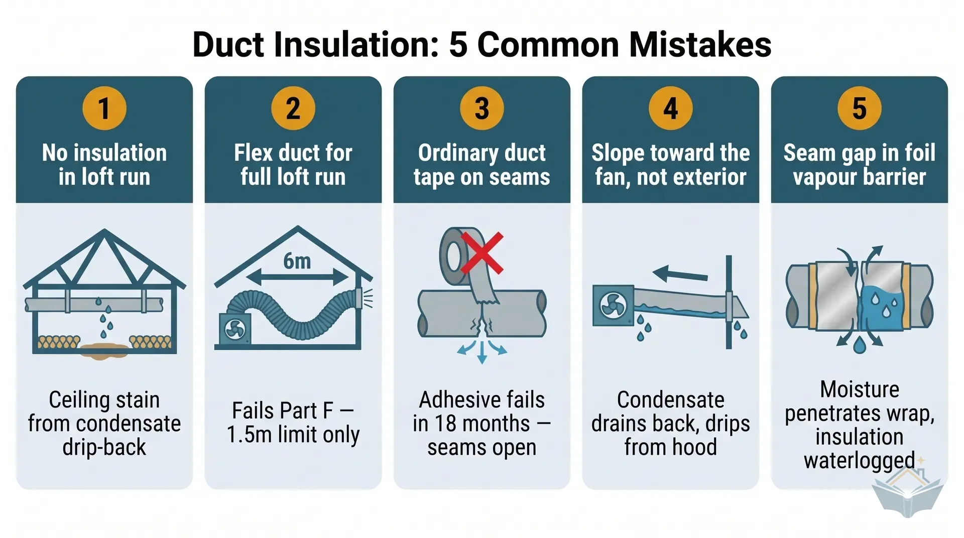 Five-panel infographic showing common duct insulation wrap installation errors: skipping insulation on loft runs entirely, using flexible duct for the full run beyond 1.5m, using cloth duct tape instead of aluminium foil tape, running duct level or sloping the wrong way, and missing the condensate trap on vertical roof exits.