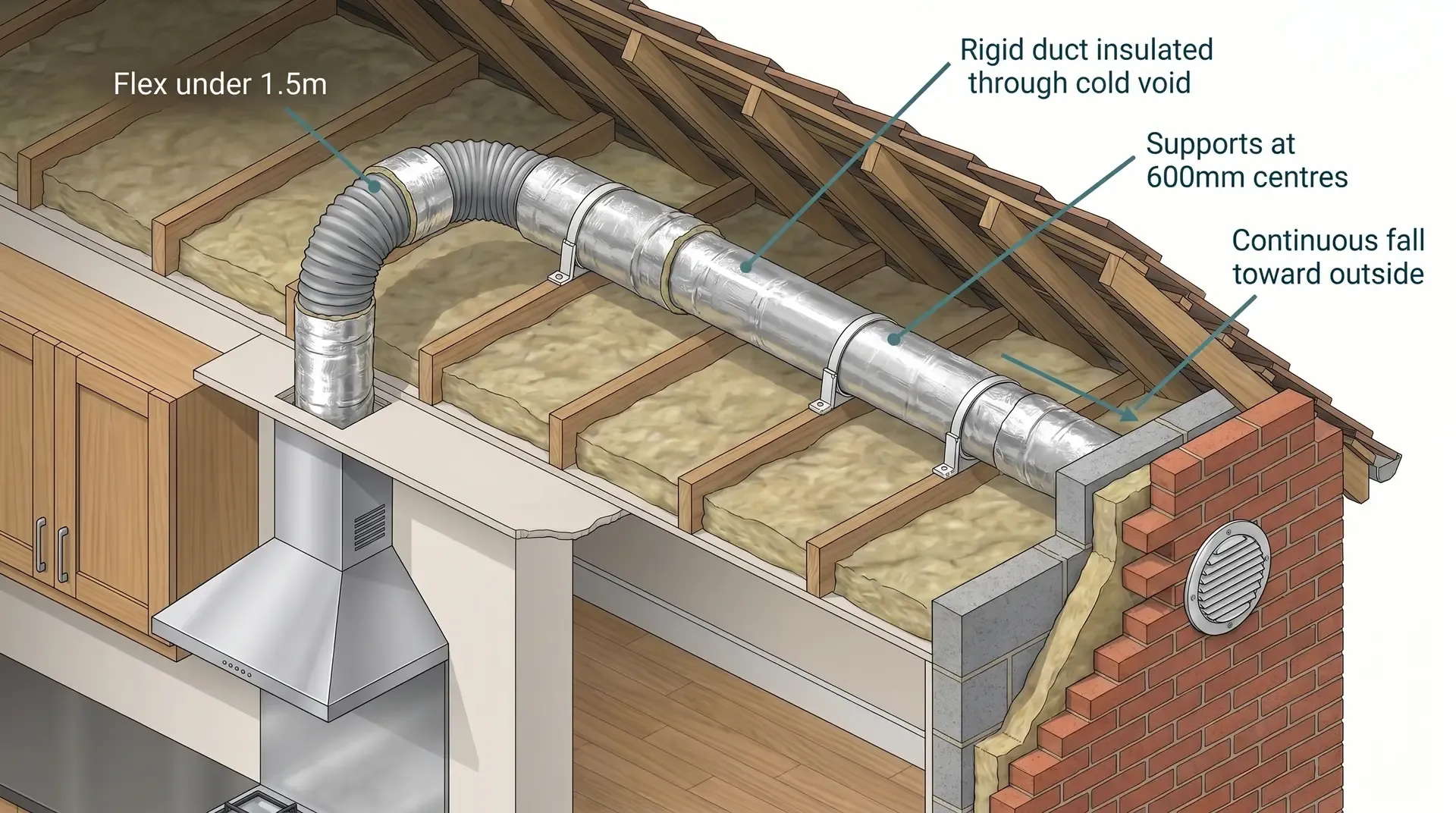 Cutaway diagram of a loft space showing the complete extract duct run from cooker hood to external wall: a short insulated flexible stub rising into the loft, connecting to insulated rigid duct running across the loft on plastic saddle clips with a continuous downward slope toward a weatherproof cowl on the external wall.
