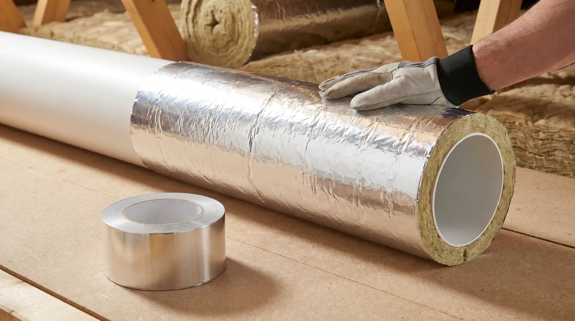A 150mm rigid white plastic duct in a loft with approximately 60 percent of its length wrapped in silver foil-faced mineral wool insulation, showing the stone wool inner layer at the cut end. A gloved hand smooths the foil surface while a roll of 75mm aluminium foil tape sits in the foreground.