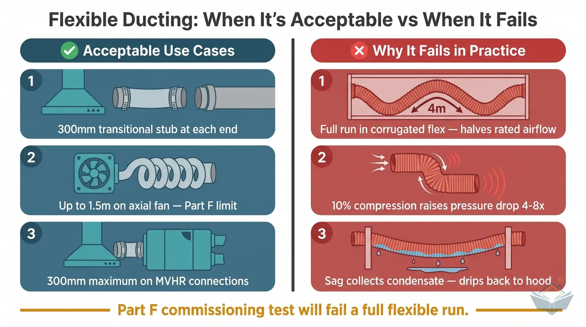 Side-by-side comparison infographic of two kitchen extractor duct installations: acceptable use showing 300mm insulated flexible stub connecting cooker hood to rigid duct run, versus fails showing 4m of compressed corrugated flexible duct kinked behind wall units, with airflow performance readings under each scenario.