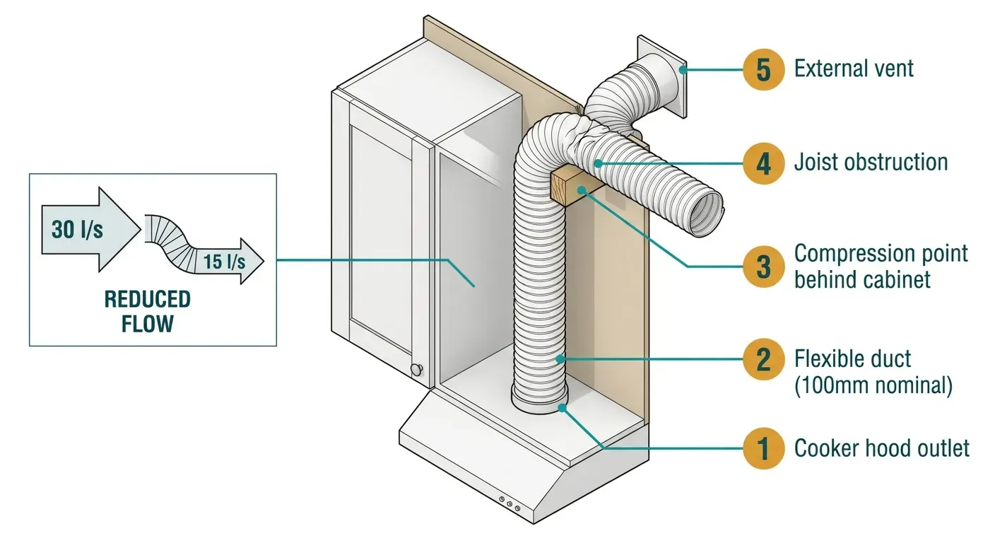 Isometric cutaway diagram of a kitchen wall cabinet showing flexible ducting kinked and compressed to 60% of its nominal diameter as it passes between the cabinet back and the wall, with a joist obstruction deflecting the duct further. An inset airflow diagram shows 30 l/s entering the hood reducing to 15 l/s at the external vent.