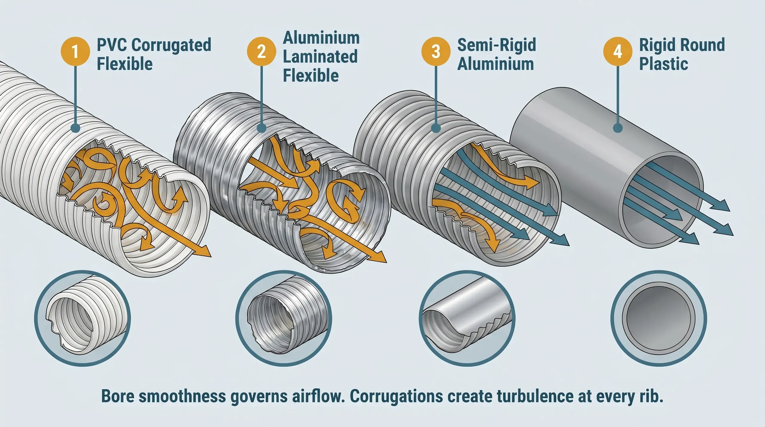 Cutaway view showing the corrugated internal bore of flexible ducting with turbulent airflow compared to a smooth rigid duct