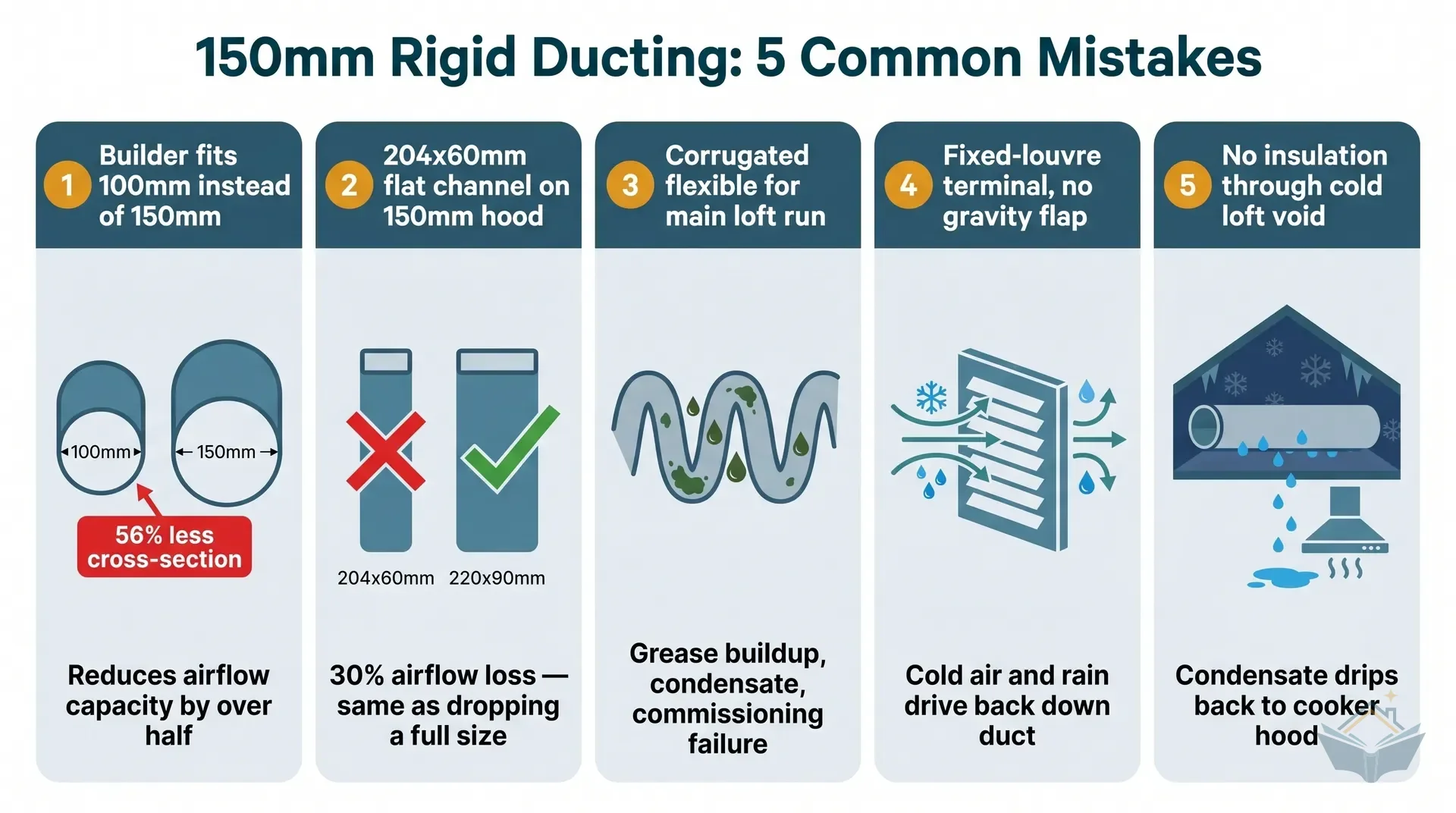 Five-tile infographic showing common 150mm rigid ducting errors: using 100mm or 125mm duct on a 150mm hood spec, substituting 204x60mm flat channel for 150mm round, making more than two bends in the duct run, exceeding the equivalent length budget, and fitting the duct without a continuous downward slope to the outside.