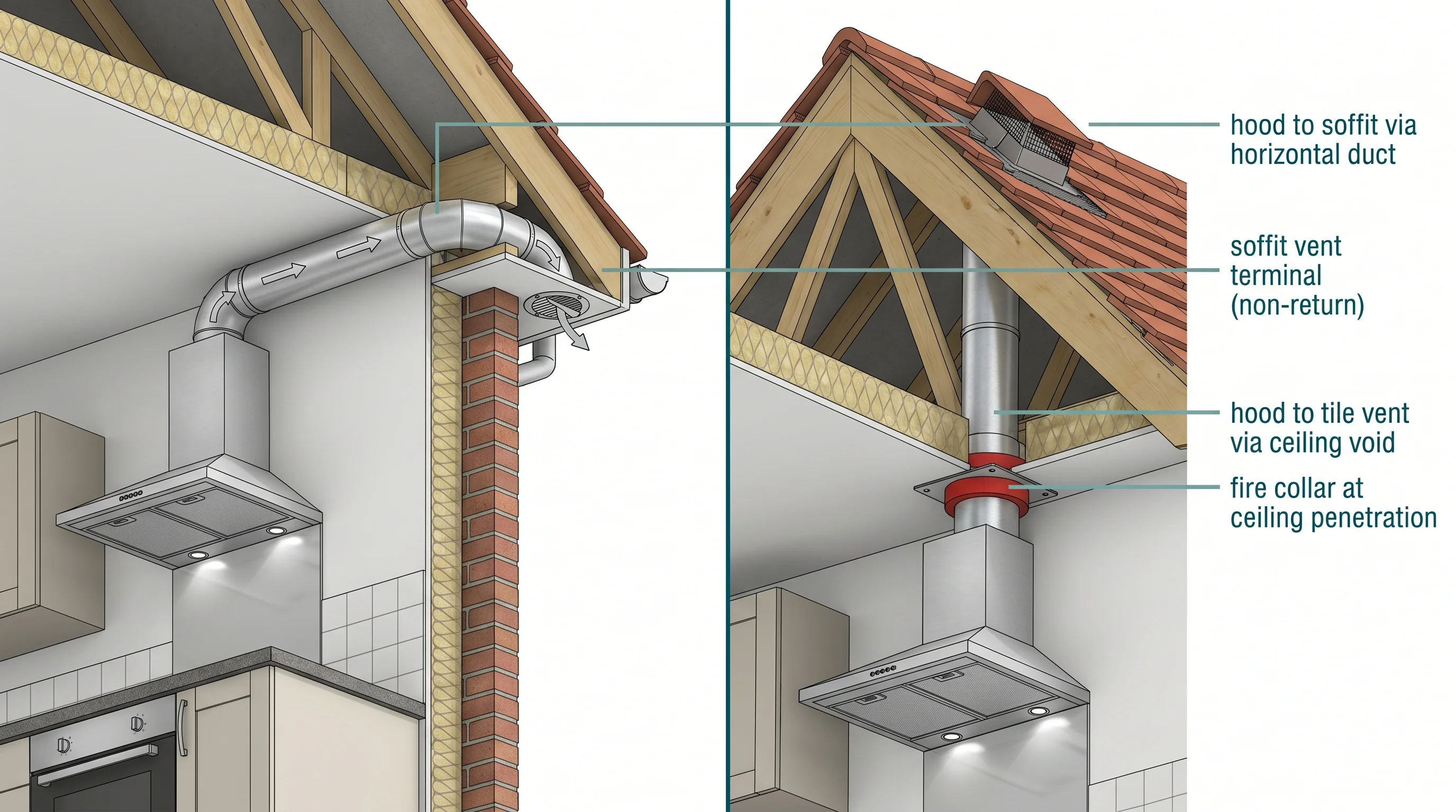 Diagram showing two duct routing options for a kitchen extension: on the left, a horizontal duct run from the cooker hood through the external wall exits at a soffit vent terminal at eaves level; on the right, a vertical duct run rises through the ceiling void and exits through a tile vent terminal in the roof, with a fire collar shown at the ceiling penetration.