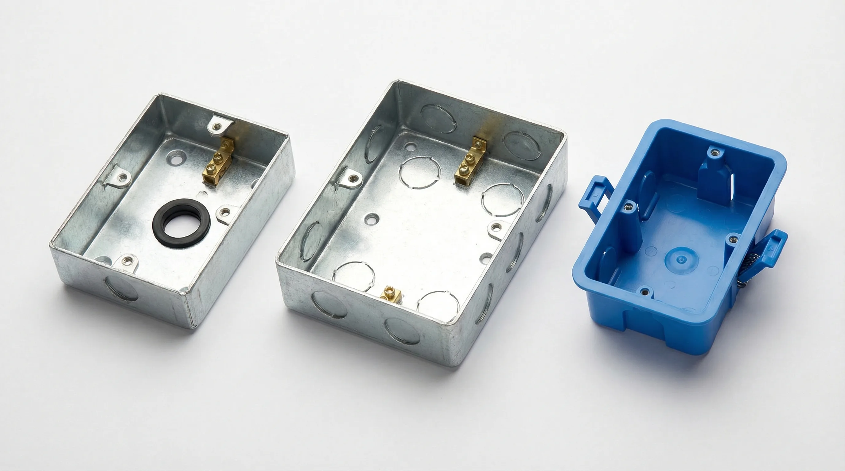 Selection of galvanised steel back boxes in single and double gang sizes, showing knockout holes, earth tags, and fixing lugs