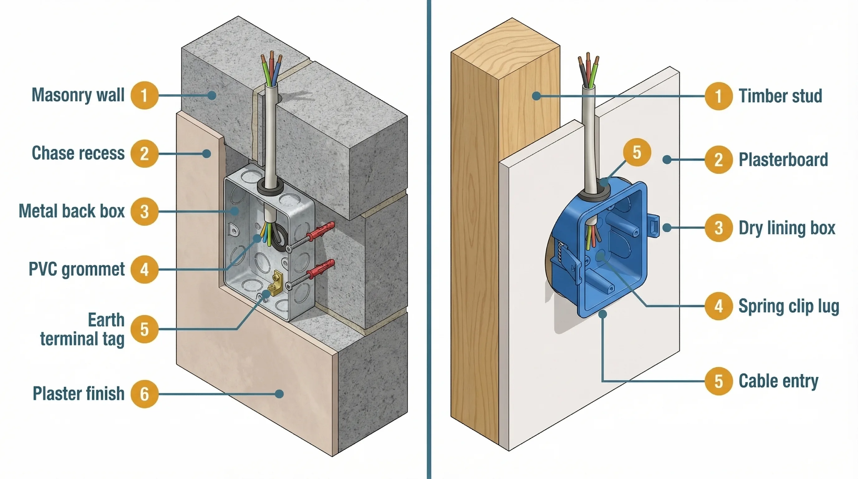 Side-by-side isometric cutaway cross-section showing a metal flush back box chased into a blockwork masonry wall on the left, and a blue plastic dry lining back box inserted through plasterboard on a timber stud wall on the right. Both sides show labelled components including the chase recess, PVC grommet, earth terminal tag, spring clip lugs, and finished plaster or plasterboard surface aligned flush with the front face of each box.