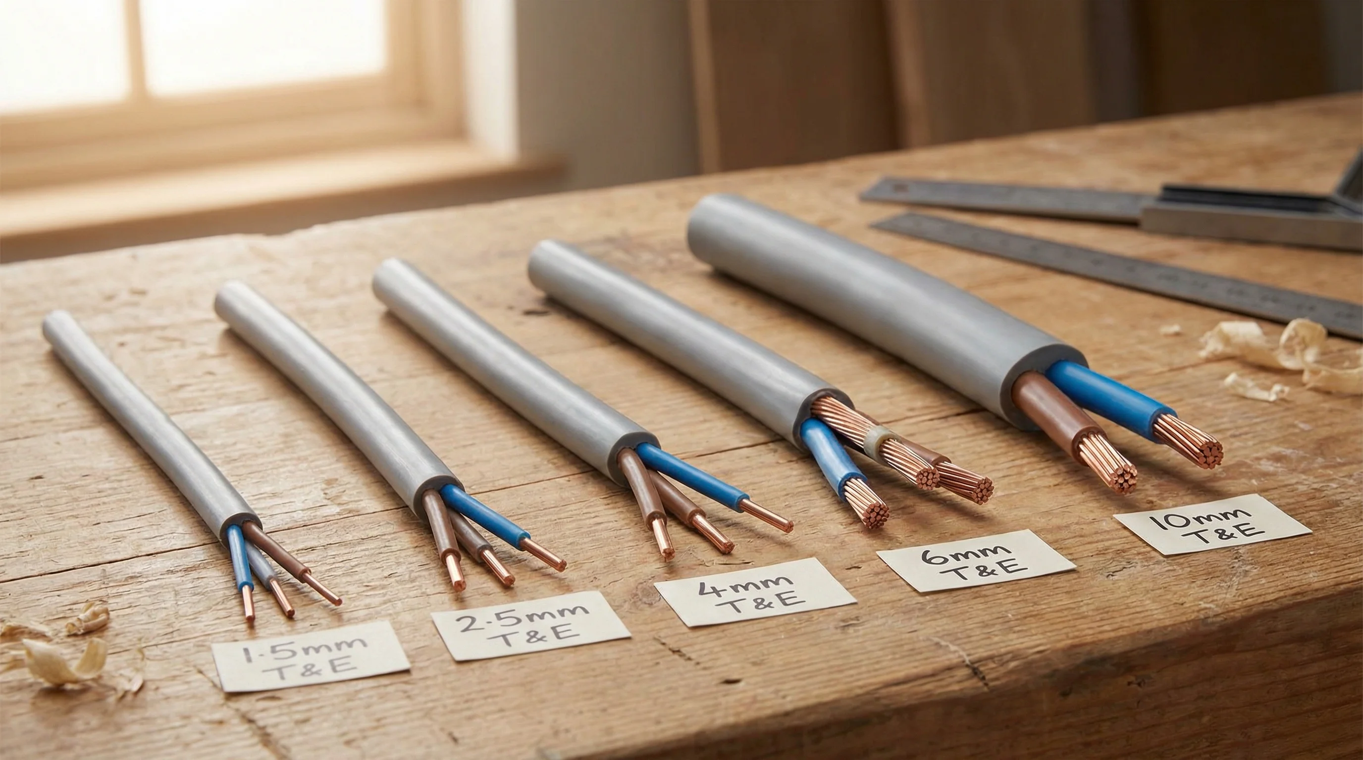 Five sizes of UK domestic twin-and-earth cable arranged side by side on a wooden workbench, from 1.5mm to 10mm, with labels visible
