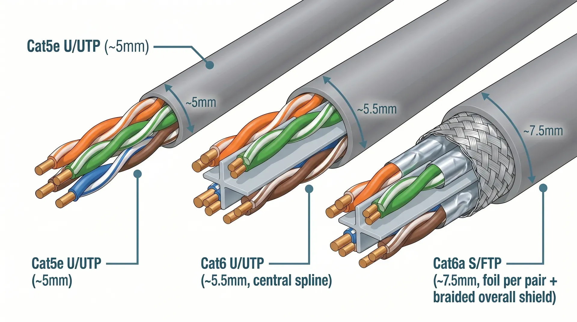 Side-by-side cross-section comparison of Cat5e U/UTP, Cat6 U/UTP, and Cat6a S/FTP data cables, showing increasing outer diameter from approximately 5mm to 7.5mm and the addition of per-pair foil shielding and a braided overall screen in Cat6a.