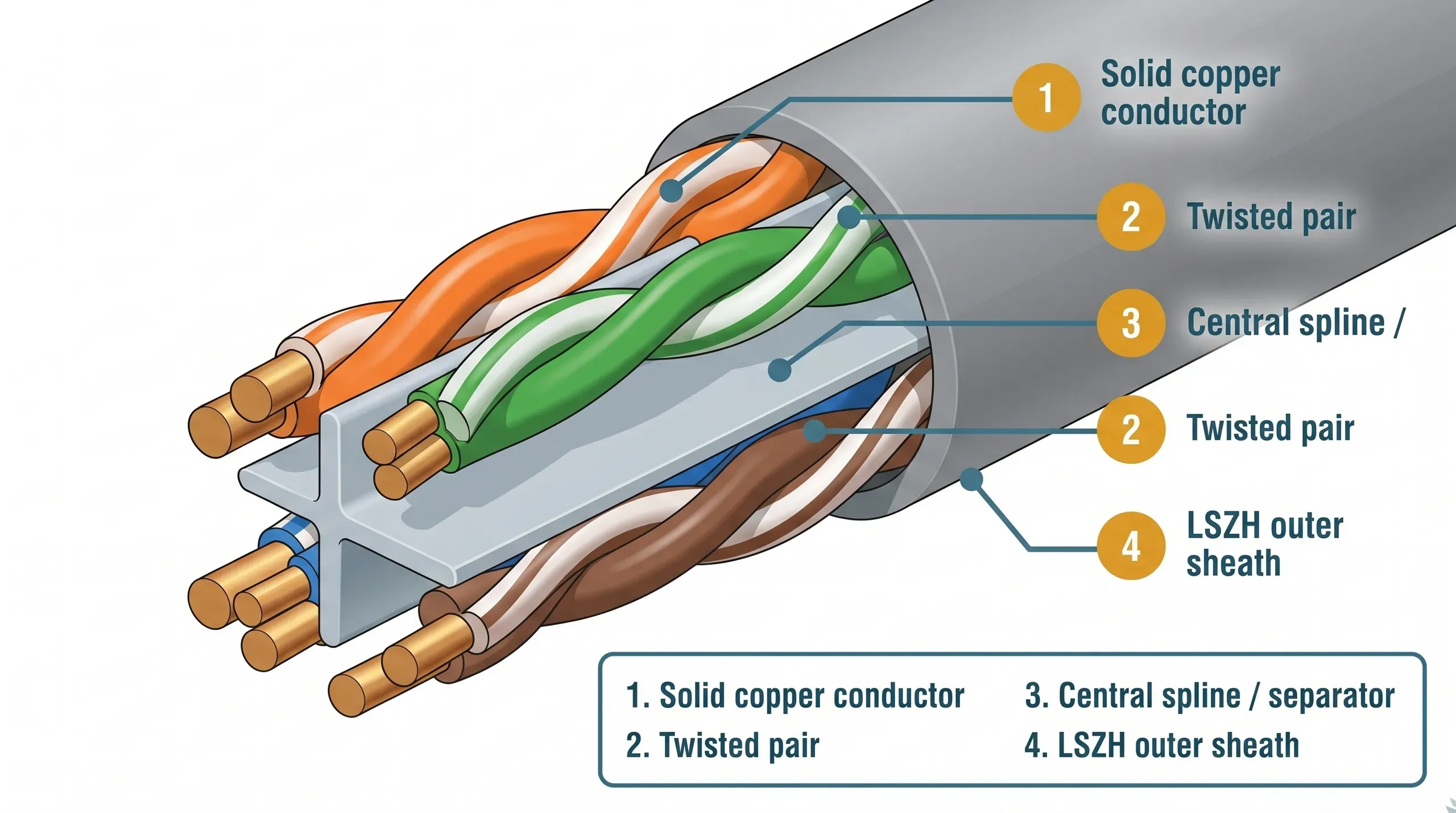 Cross-section of Cat6 U/UTP solid copper data cable showing four twisted pairs in orange, green, blue and brown insulation around a central plastic spline, inside a grey LSZH outer sheath