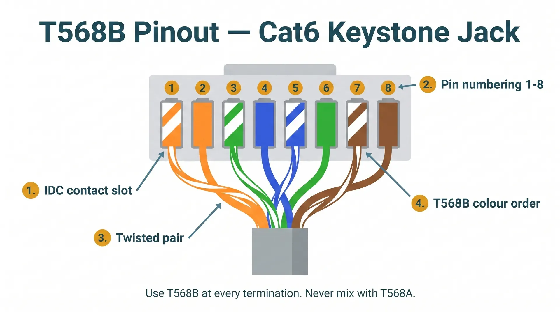 T568B pinout diagram for a Cat6 keystone jack, showing eight IDC contact slots numbered 1 to 8 with colour-coded wire assignments: white-orange, orange, white-green, blue, white-blue, green, white-brown, brown. Four twisted pairs enter from below with a punchdown tool indicator.
