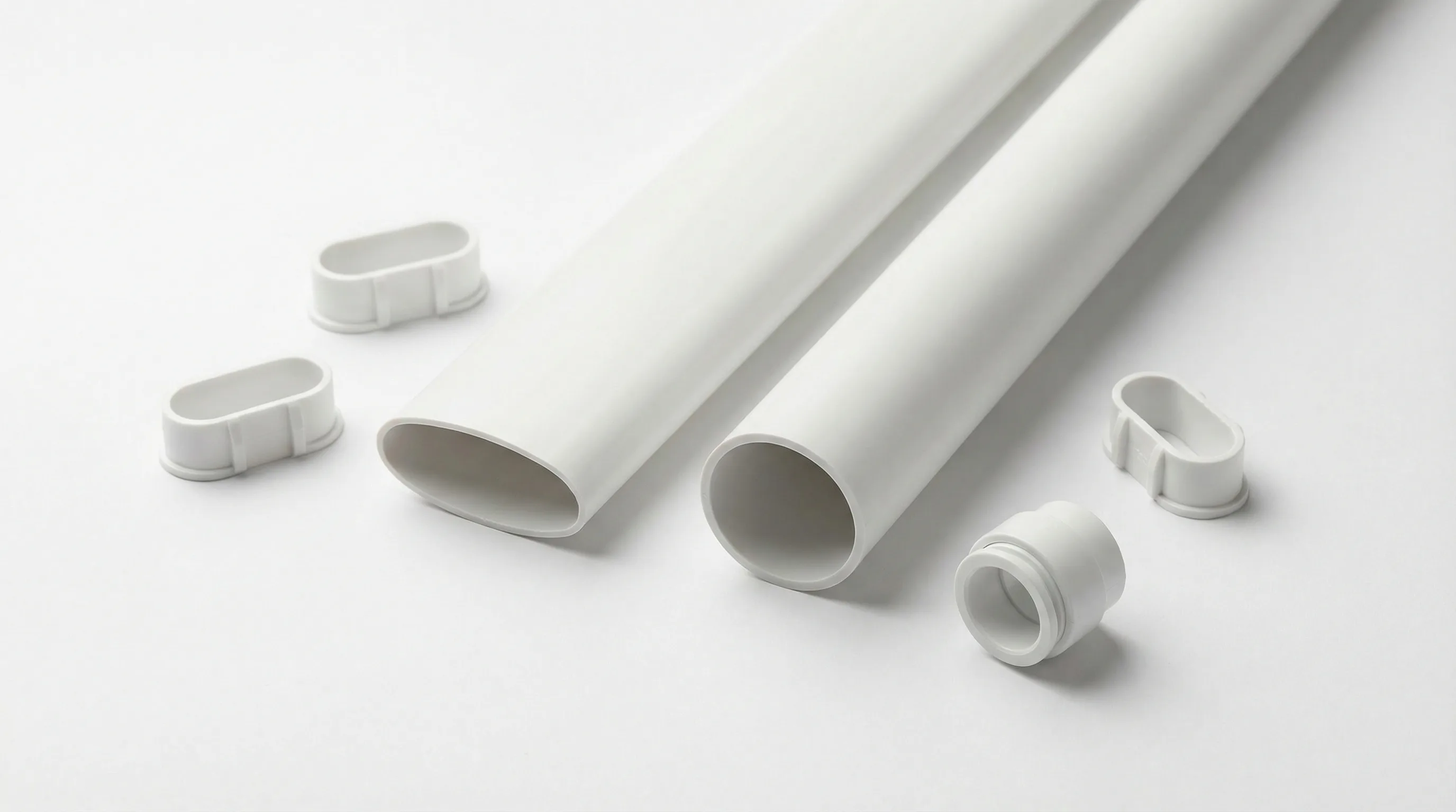 Lengths of white oval PVC conduit and white round PVC conduit side by side, with oval conduit clips and a coupler fitting