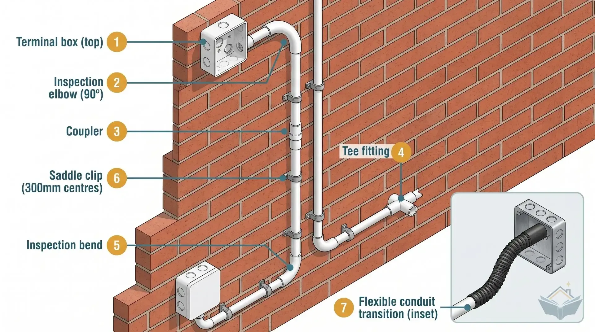 Technical isometric diagram of a surface-mounted 20mm round white PVC conduit run fixed to a brick wall, showing a complete fittings system from top to bottom: a terminal box at the ceiling, a 90-degree inspection elbow, a coupler joining two conduit lengths, a tee fitting branching off horizontally, an inspection bend at floor level, and a terminal box at the wall outlet. Saddle clips secure the conduit at 300mm centres throughout. An inset panel shows a corrugated black flexible conduit transitioning into a metal back box. All seven components are identified by numbered amber callout badges with teal leader lines.