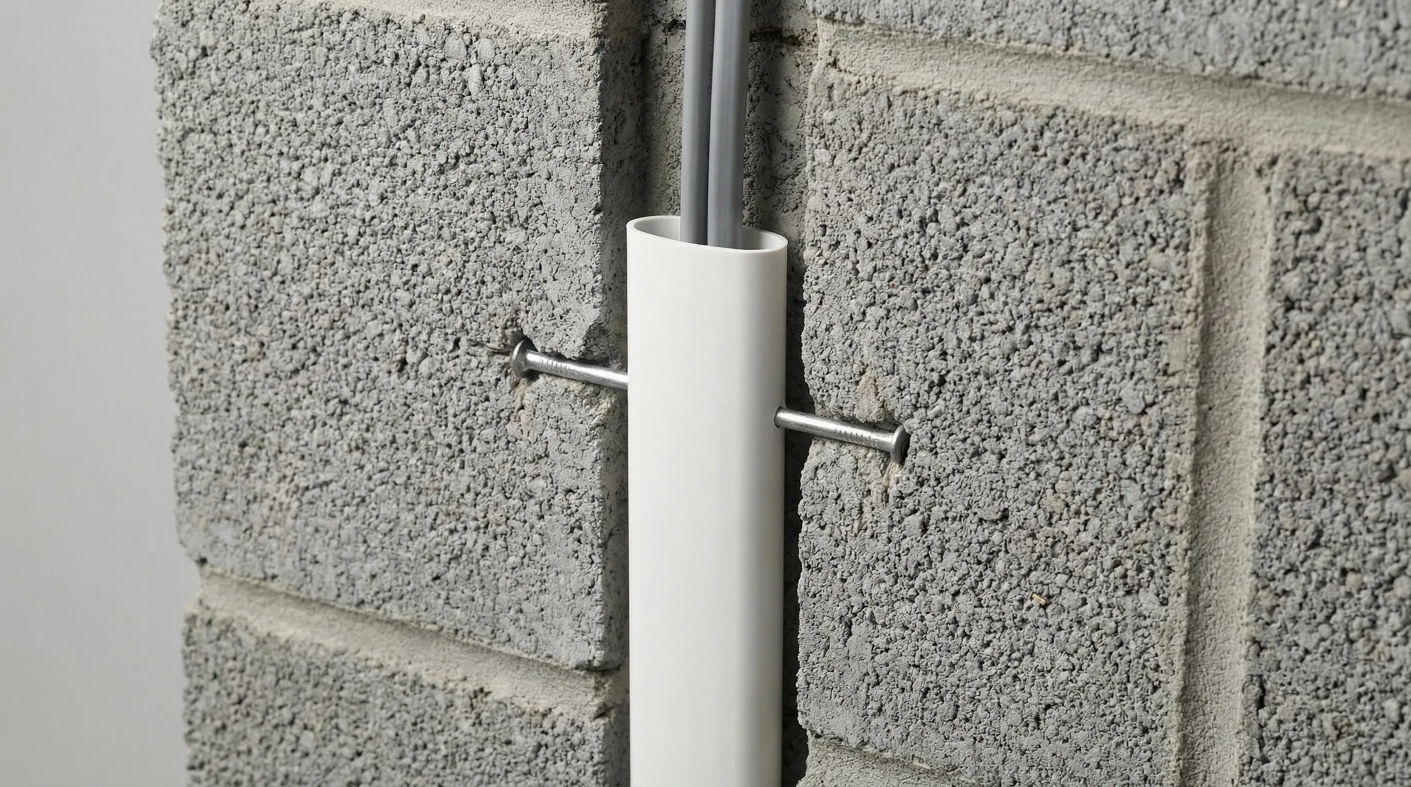 A length of white oval PVC conduit sitting in a narrow vertical chase cut into bare grey concrete blockwork, secured with two galvanised clout nails positioned either side of the conduit. A grey-sheathed twin-and-earth cable is visible entering the top of the conduit. The chase is cleanly cut with no plaster applied, showing a typical first-fix electrical installation in a masonry wall.