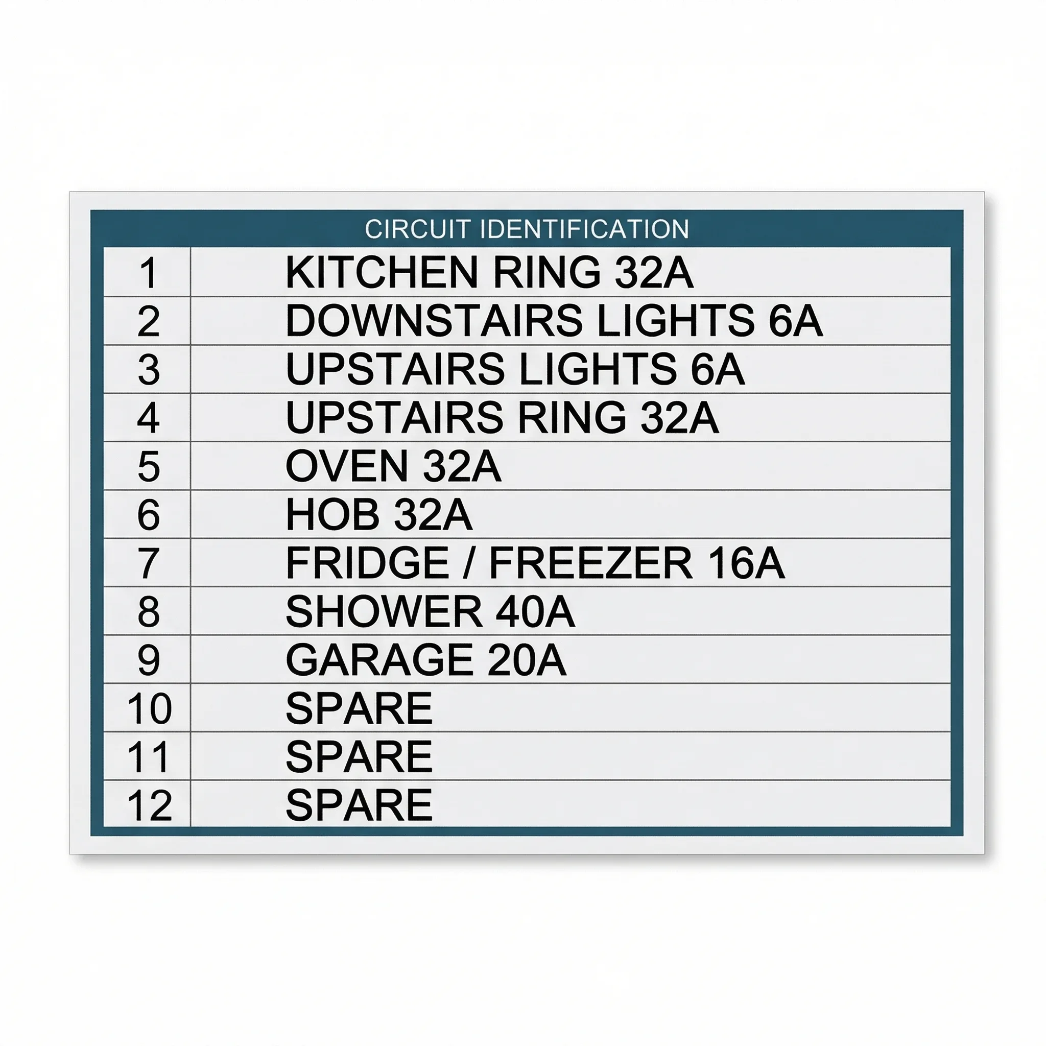 Overhead view of a white consumer unit circuit identification label card showing 12 circuits filled in with neat printed block capital text. Circuits listed include Kitchen Ring 32A, Downstairs Lights 6A, Upstairs Lights 6A, Upstairs Ring 32A, Oven 32A, Hob 32A, Fridge/Freezer 16A, Shower 40A, Garage 20A, and three spare positions.