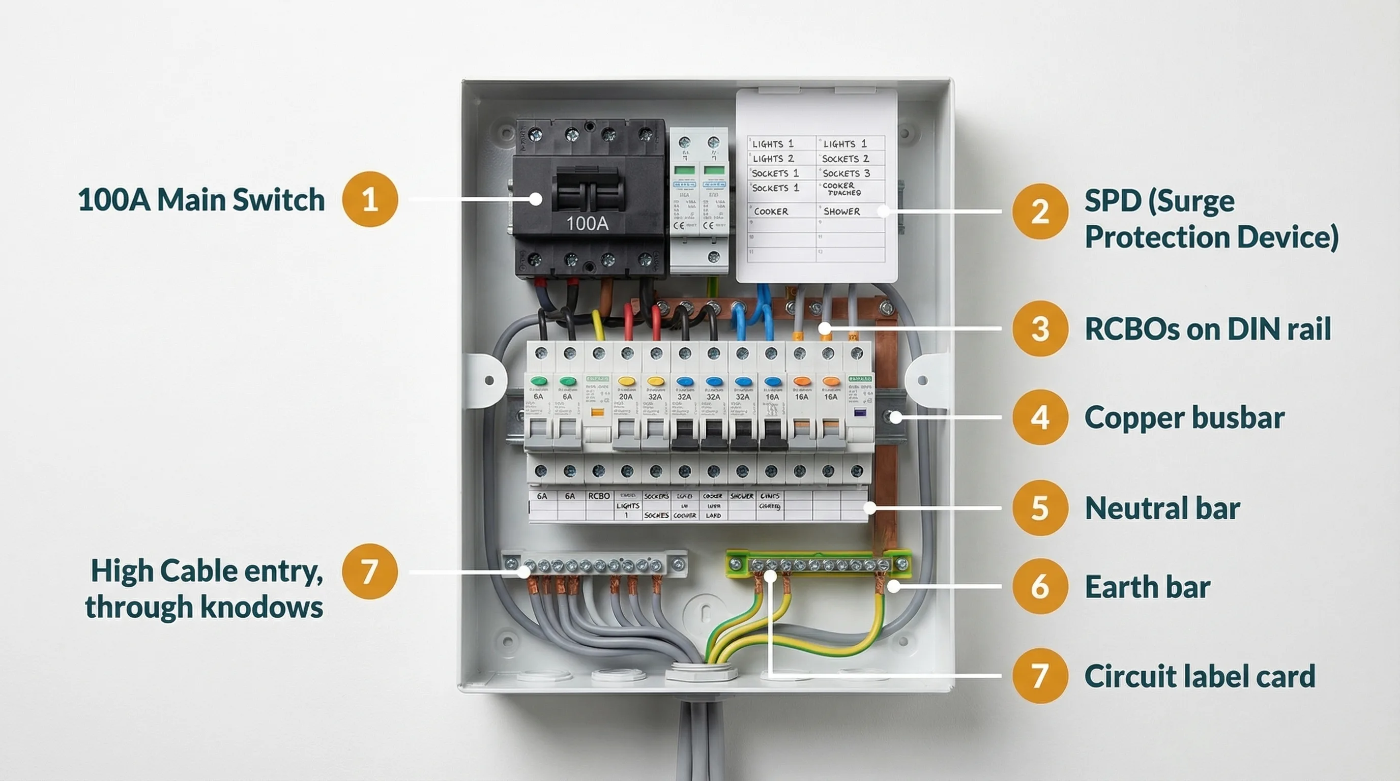 Open metal consumer unit showing main switch, RCBOs on DIN rail, SPD module, busbar connections, and circuit labelling