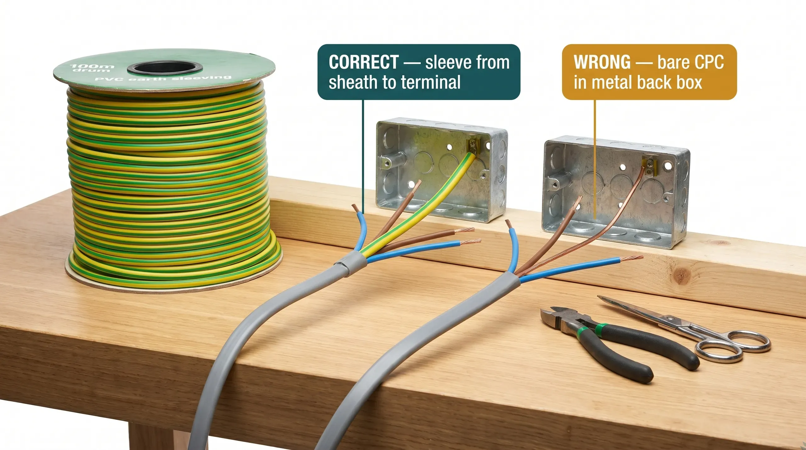 Roll of green and yellow PVC earth sleeving on a workbench next to stripped-back twin and earth cables, with the bare copper earth conductor of one cable already threaded through a length of sleeve up to the terminal of a socket back box