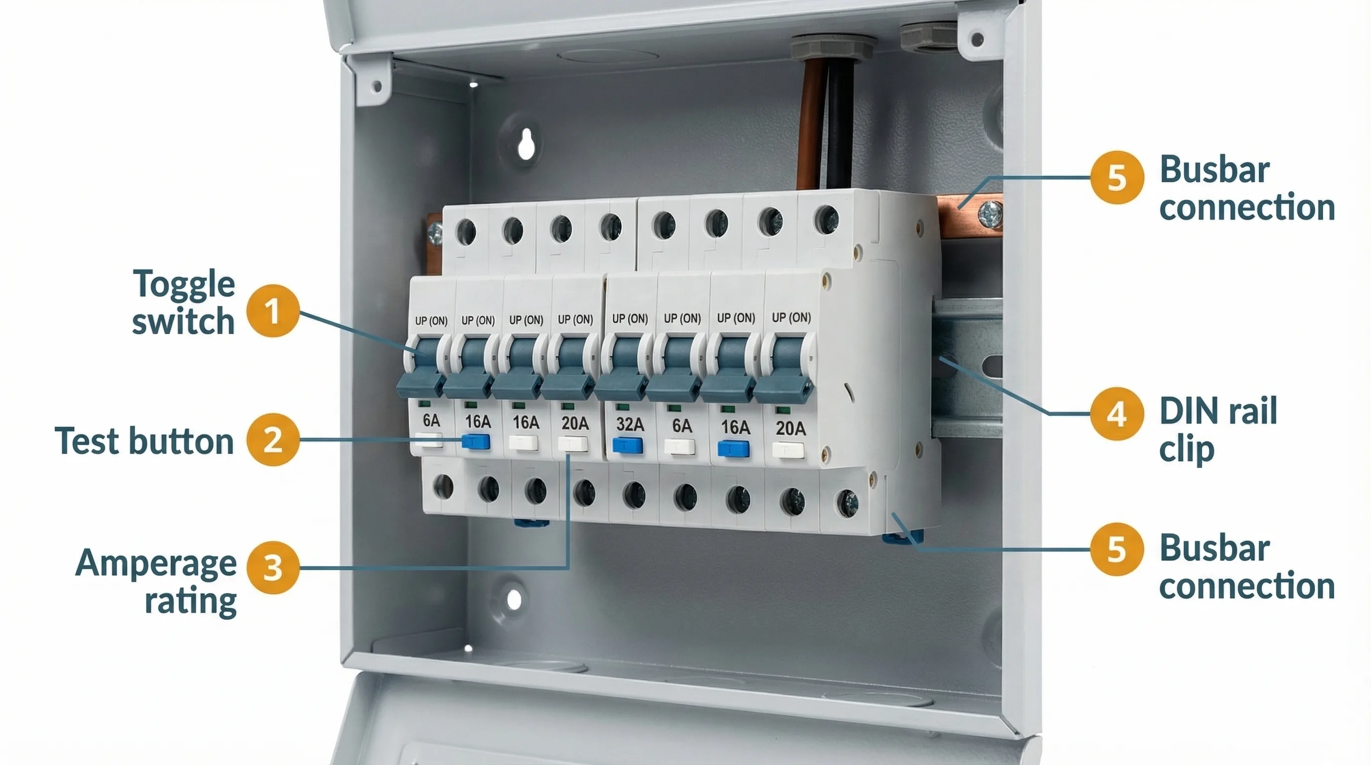 Row of RCBOs clipped onto a DIN rail inside an open consumer unit, showing test buttons and amperage labels