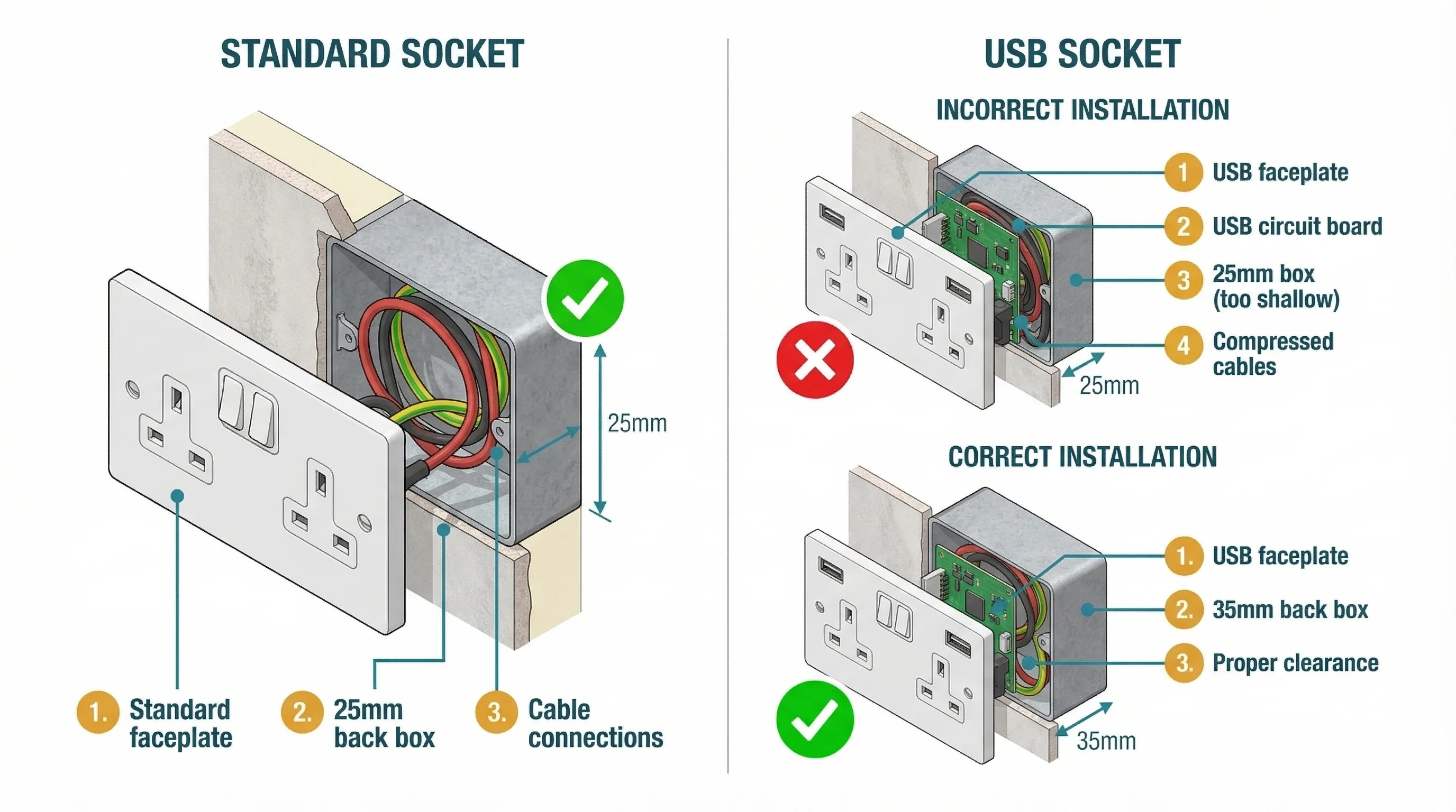 Cross-section comparison showing a standard 13A socket fitting correctly in a 25mm back box on the left, and a USB-integrated socket failing in a 25mm box (too shallow for the circuit board) versus fitting correctly in a 35mm box on the right, with dimension annotations and pass/fail indicators.