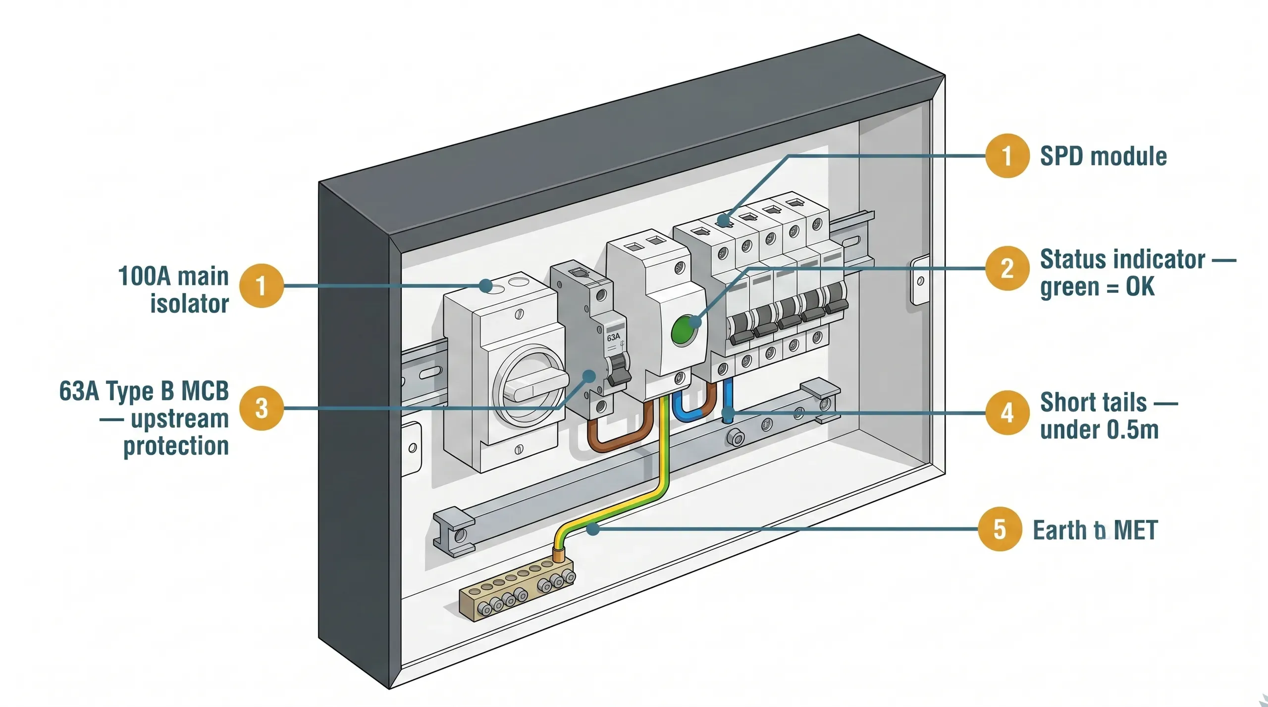 Type 2 surge protection device module installed on a DIN rail inside a metal consumer unit, with green status indicator visible and short tails connecting to live, neutral, and earth busbars