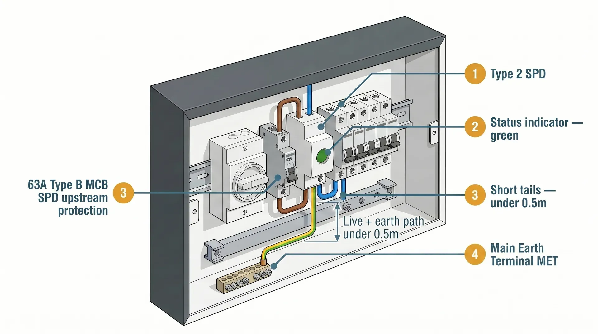 Isometric cutaway of a domestic consumer unit interior showing a Type 2 SPD module connected via short brown live, blue neutral, and green-yellow earth tails to the main components, with a dimension callout showing the combined live-plus-earth path is under 0.5m and a labelled main earth terminal block at the base of the enclosure.