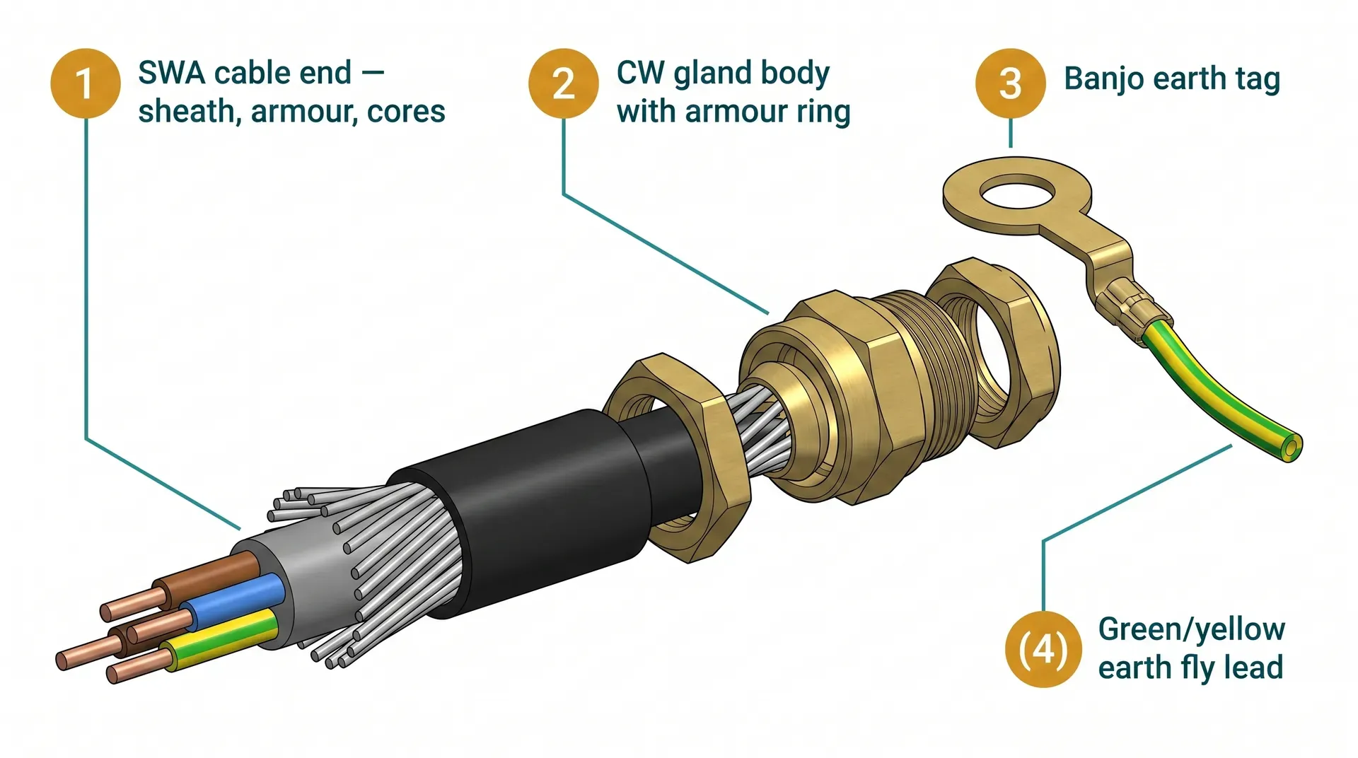 Exploded isometric diagram of a CW-type SWA cable gland assembly showing the prepared cable end with splayed armour wires on the left, then in sequence the black PVC shroud, brass back-nut, brass gland body, armour cone ring and sealing nut, with a banjo earth tag and green-yellow fly lead shown above the assembly.