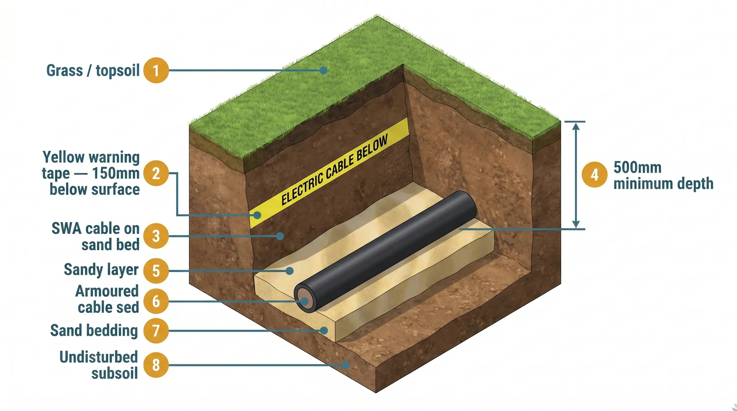 Coil of black 6mm² 3-core steel wire armoured cable lying in a sand-bedded garden trench with yellow PVC warning tape visible above