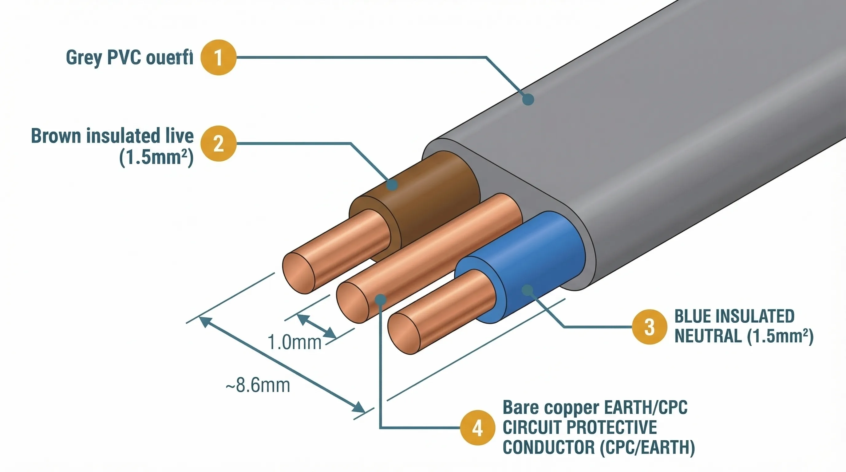 Isometric cutaway cross-section of a 1.5mm² 6242Y twin and earth cable showing the grey PVC outer sheath, brown PVC-insulated live conductor (1.5mm²), blue PVC-insulated neutral conductor (1.5mm²), and bare copper circuit protective conductor (CPC/earth, 1.0mm²) in the centre, with dimension annotations for cable width and conductor sizes.