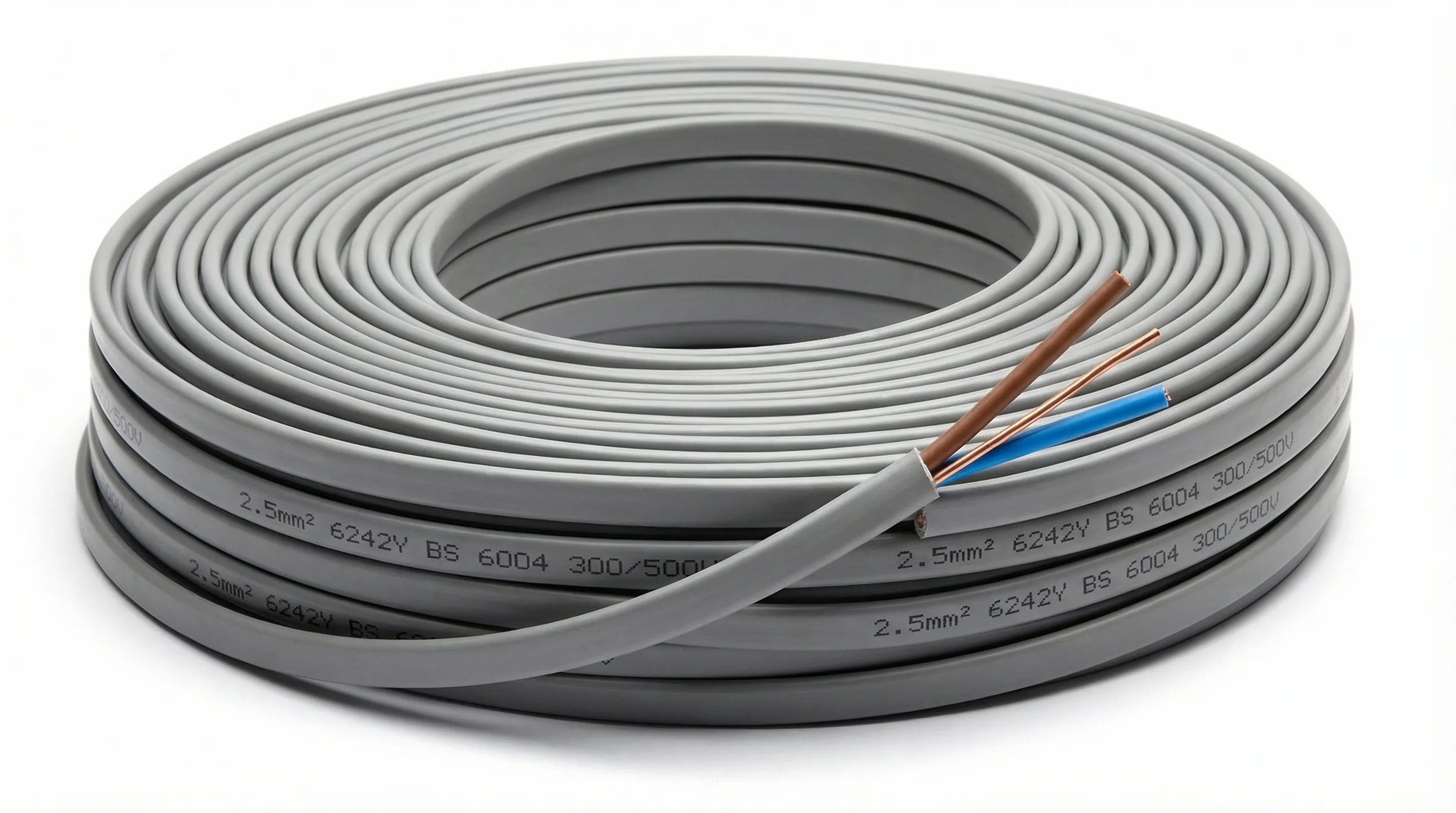 Cross-section of 2.5mm twin and earth 6242Y cable showing grey PVC outer sheath, brown insulated live conductor, blue insulated neutral conductor, and bare copper 1.5mm earth wire