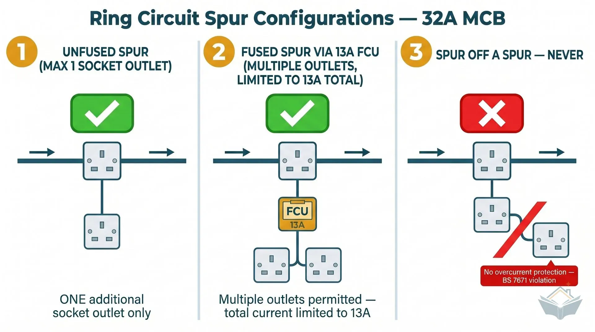 Three-panel technical schematic comparing valid and invalid spur configurations on a UK ring final circuit. Panel 1 shows an unfused spur from a ring socket to one additional socket outlet, marked with a green tick. Panel 2 shows a fused spur from a ring socket through a 13A fused connection unit (FCU) to multiple additional sockets, marked with a green tick. Panel 3 shows a prohibited spur-off-a-spur where a second branch cable splits from the first spur socket, marked with a red cross and labelled 'No overcurrent protection, BS 7671 violation'.